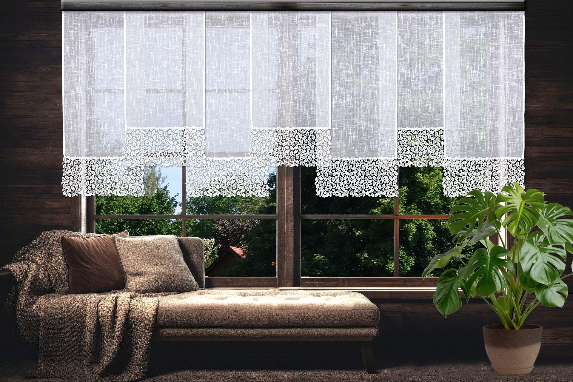 Flächenvorhang Carmelita mit Vogtländischer Spitze weiß | Landhaus-Flächengardine in Käseleinenoptik | Schiebepaneele mit moderner Stickerei handgefertigt | Schiebegardine Höhe x Breite 80 x 40 cm