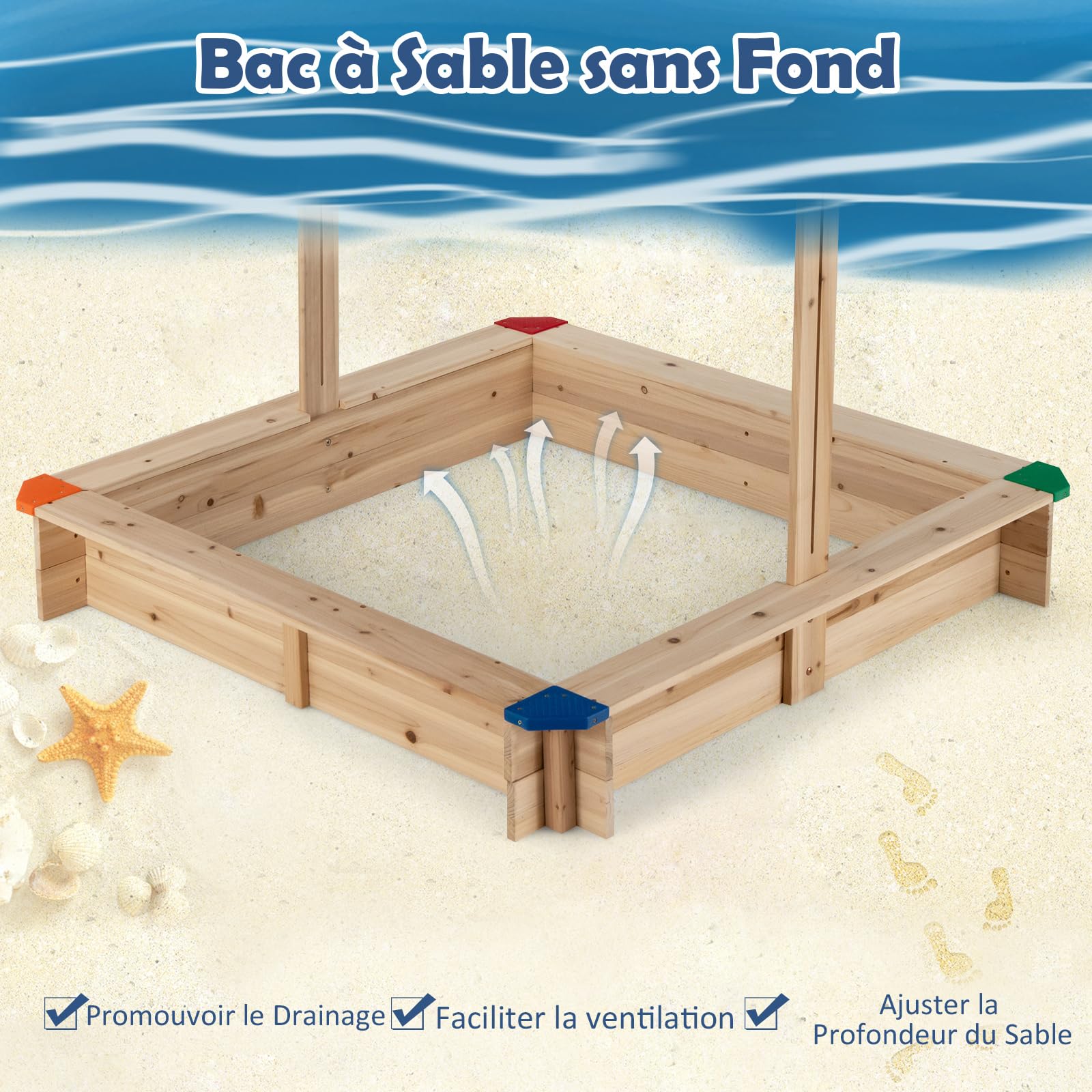 Bac à Sable Enfants - COSTWAY - Bois de Cèdre - 2 Bancs Charge 50kg - ... pas cher