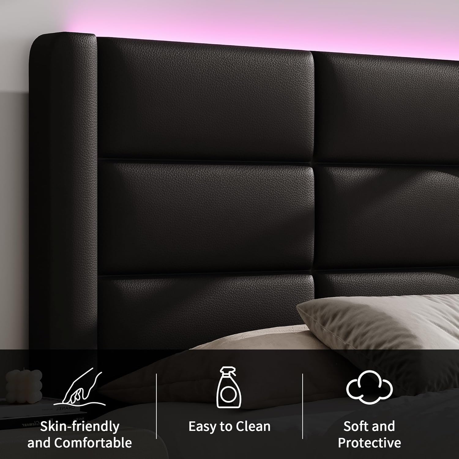 Queen Upholstered Bed Frame with Headboard and LED Lights, Modern Faux Leather Bed Frame with Wooden Slats Support and Heavy Duty Mattress Foundation, No Box Spring Needed, Easy Assembly, Black