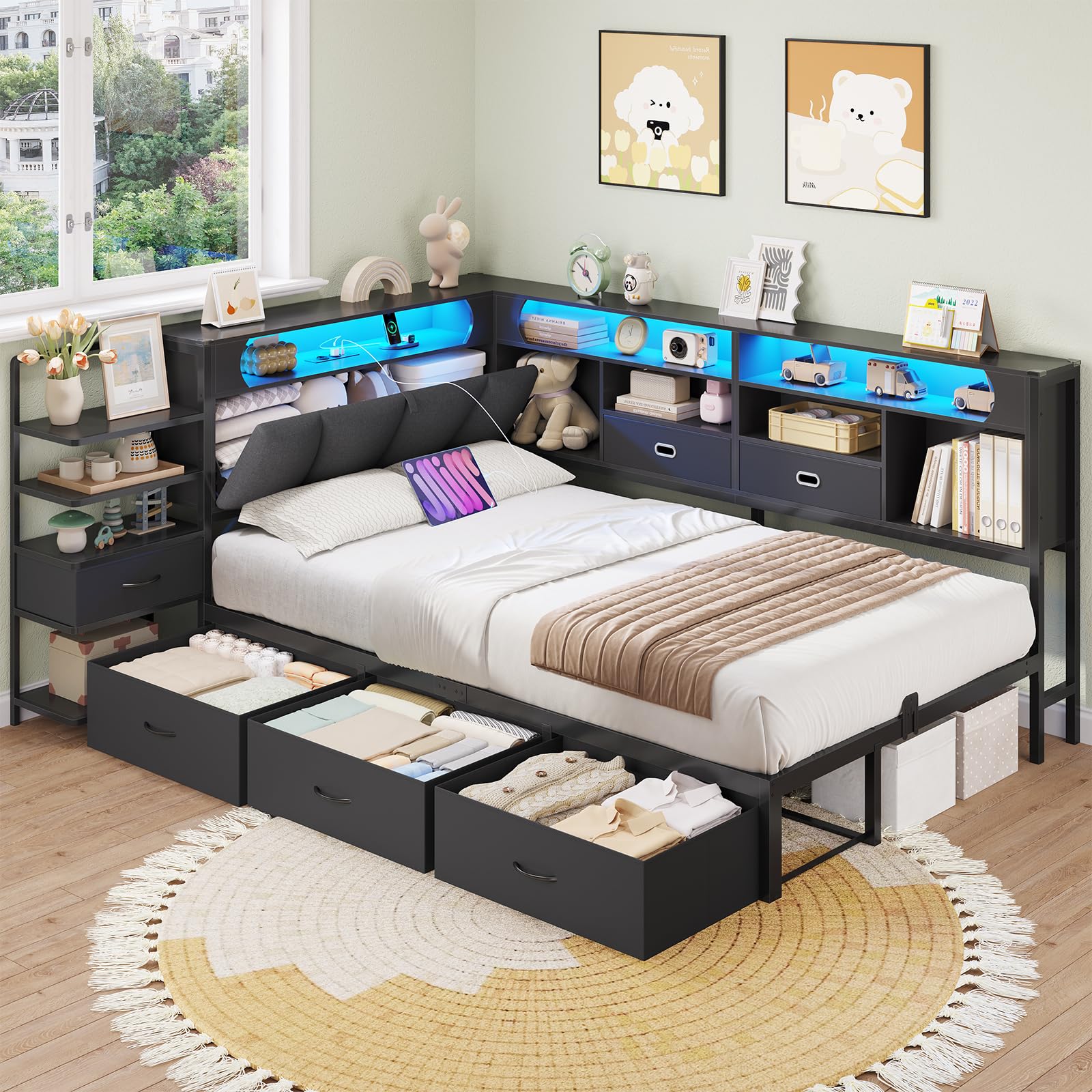 DICTAC Lit 90x190 en L – Banquette-Lit 1 Place avec Tête de Lit Capitonnée (Rangement Secret + Table de Nuit Intégrée), LED RGB & Recharge | Idéal pour Studio & Chambre (Noir)