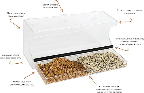 Miniatura 2 de Comedero transparente para pájaros, ventosas extrafuertes, bandeja de semillas extraíble con agujeros de drenaje para mantener las semillas secas,
