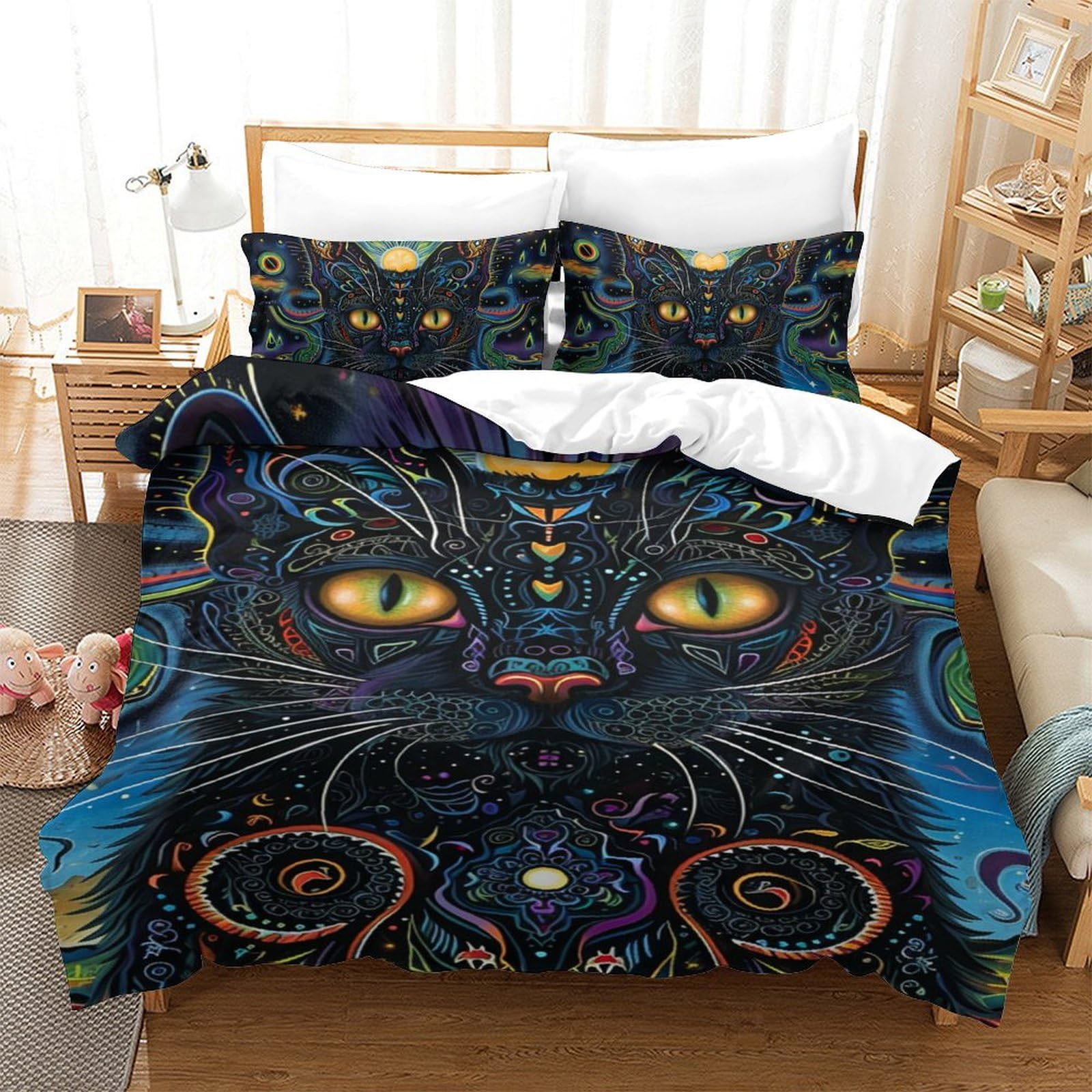 Housse de couette chat pour adolescent, parure de lit 140x200 microfibre