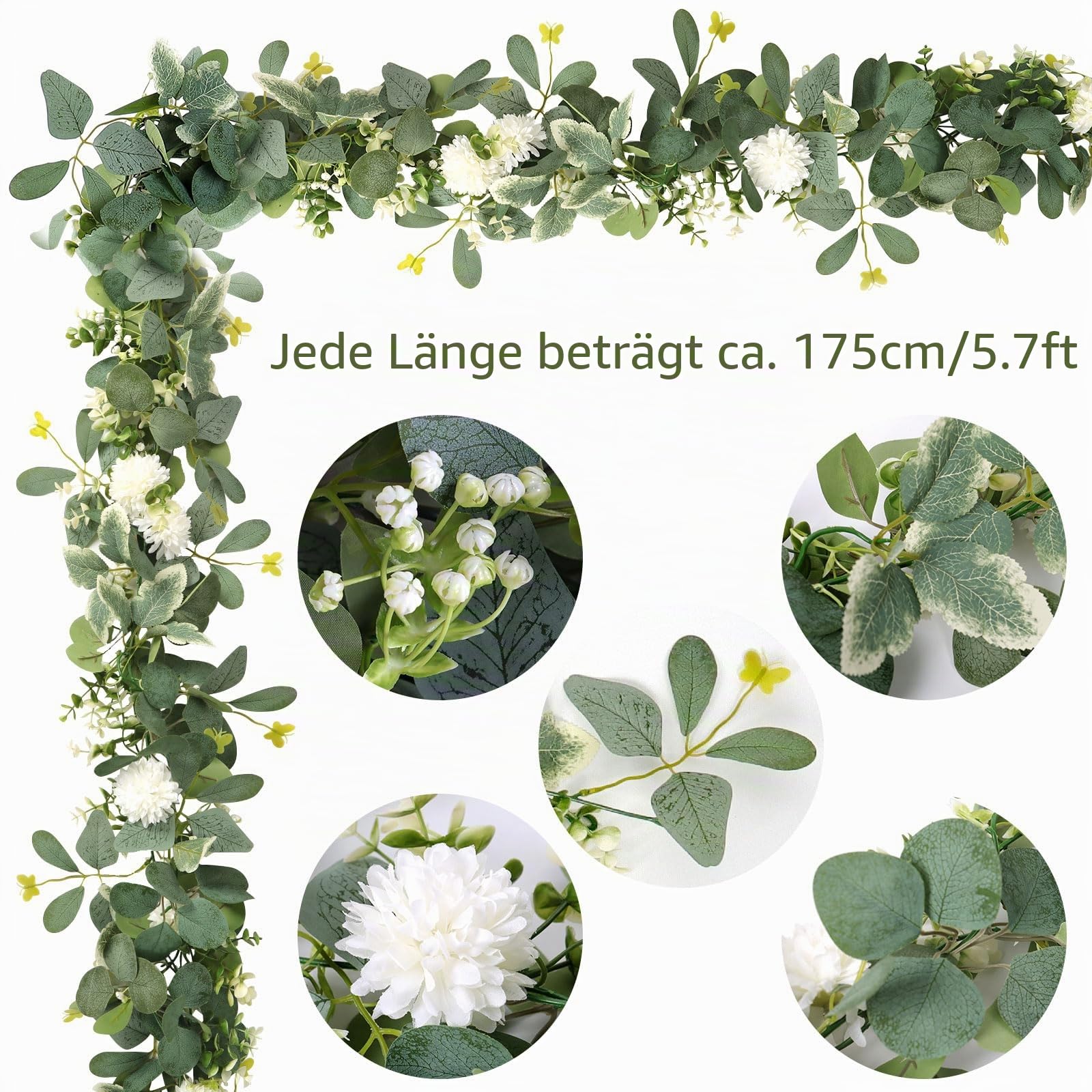 4 Stück Künstliche Eukalyptus Girlande Künstliche Eukalyptus Pflanze Hängend Seidenblumen Deko Grüne Blätter mit Weiße Hortensien Eukalyptusranke für Weihnachten Kamin Party Wand Tisch Deko | Hängepflanzen, Schmetterlingsblätter, Efeu, künstliche Blumengi