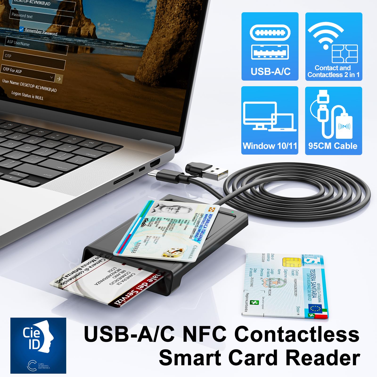 Lettore CIE 3.0 Carta d'Identità e Tessera Sanitaria,USB-A + USB-C Lettore Smart Card Firma Digitale,Lettore Carta Identita Elettronica Contatto e Contactless CIE/CRS/CNS Smart Card NFC per Windows