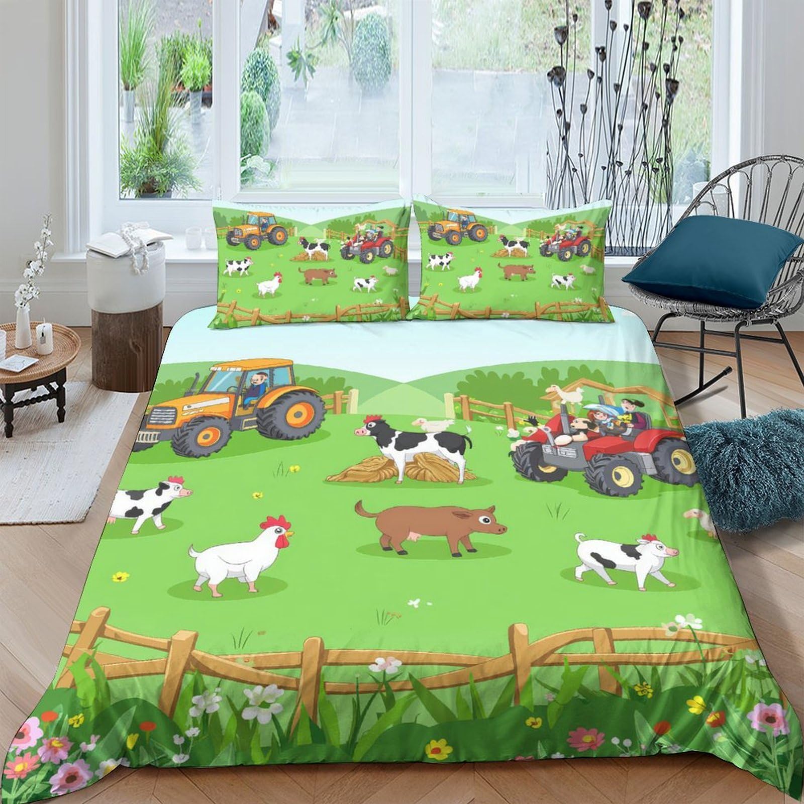 Ctjqhvkz Style-3 3D Printed Farm Tractor Fitted Sheet Microfiber Green Pastoral Cows Bed Cover Anti-Slip Washable For Bedroom Guestroom Single（135X200cm）