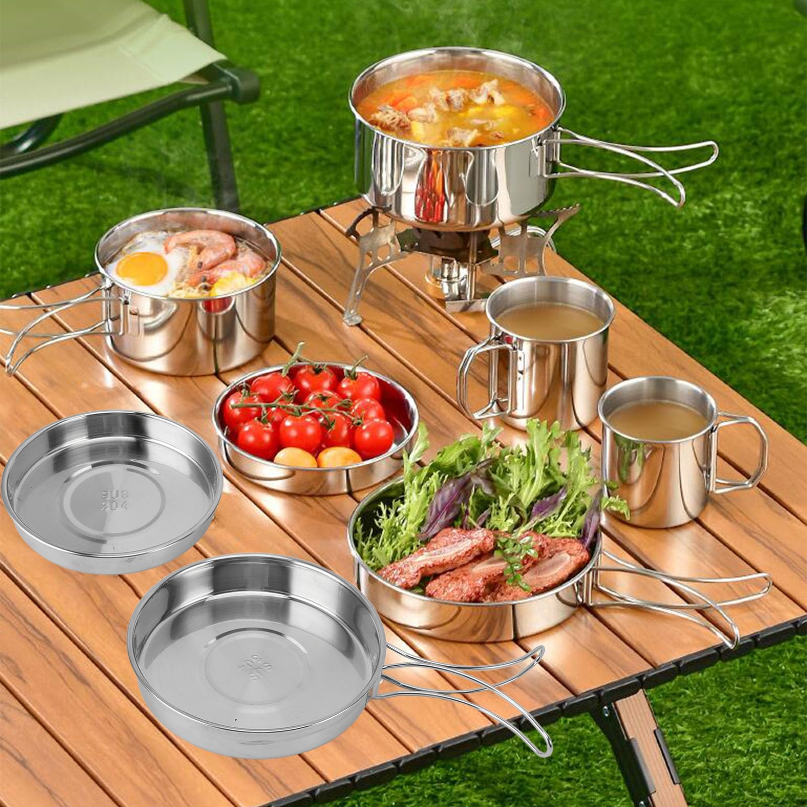 Bisgear Kit De Utensilios De Cocina Para Campamento, Juego De Cocina De Acero Inoxidable 188 Platos Con Tapas Y Mangas Cubiertos Juego De Ollas Y
