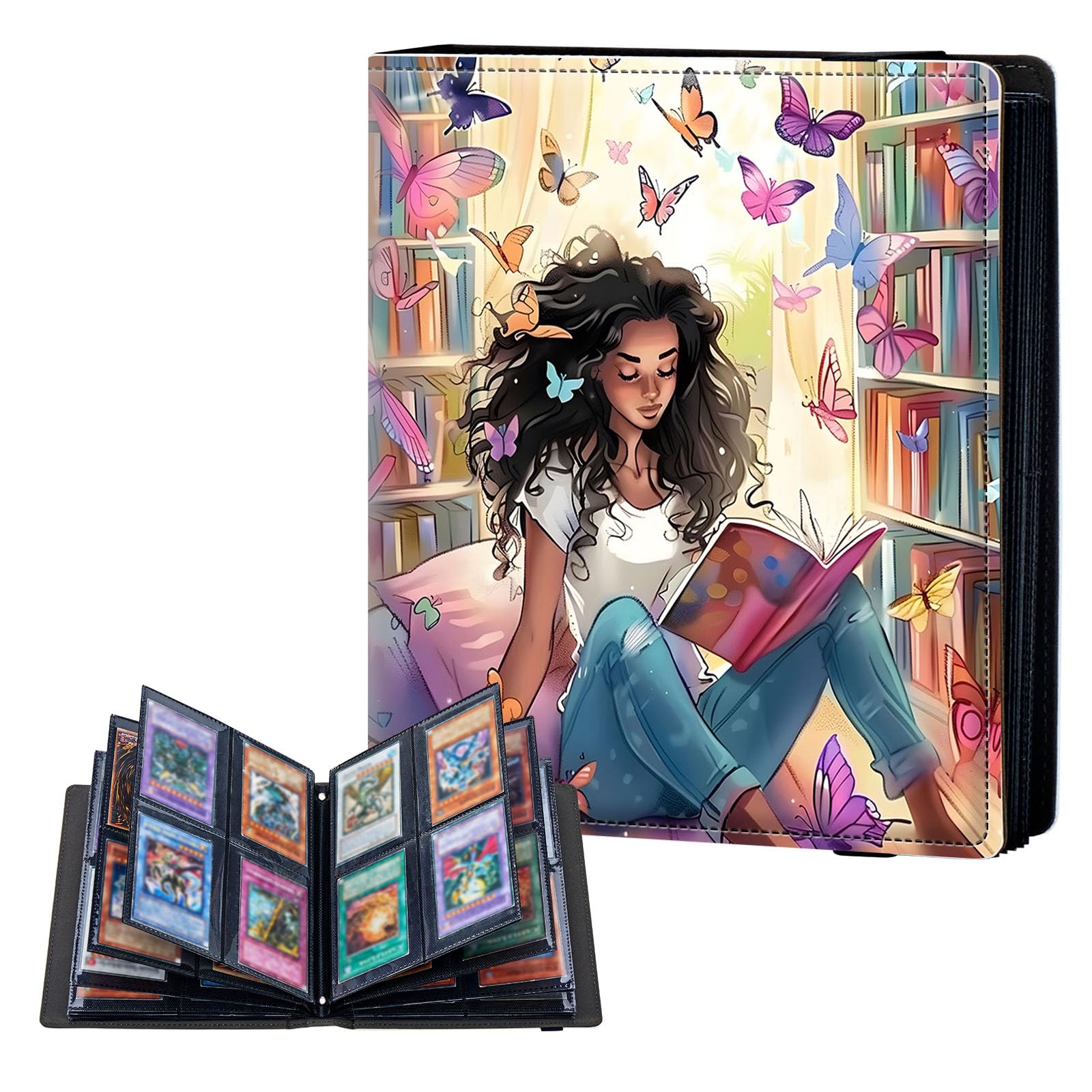ETLKJVBL 4 Pocket Trading Card Binder, Card Collection Binder for TCG, MTG, Sports Cards, Baseball, Butterfly Girl Reading Trading Card Book Holder for Collectors, Top Loader Binder