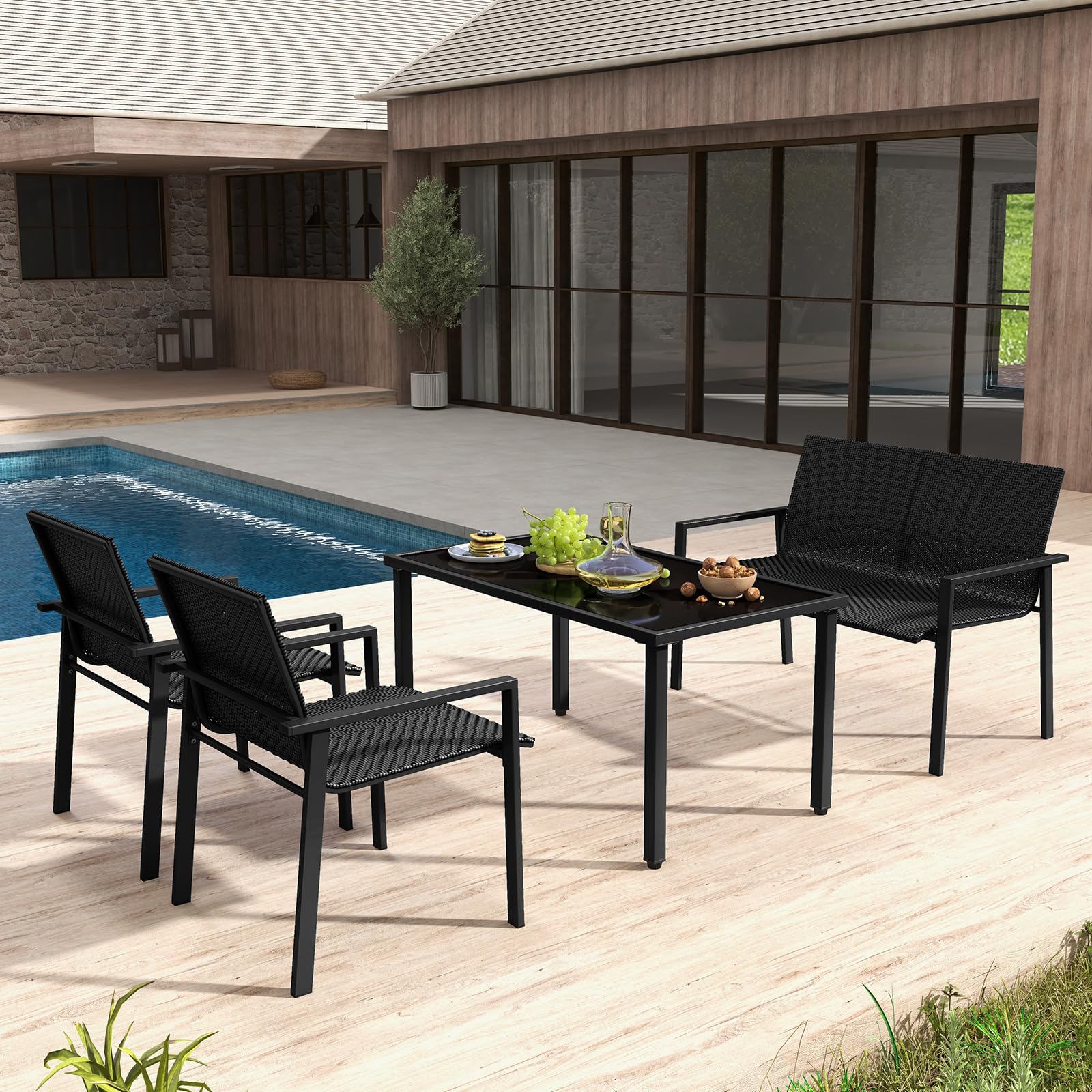 GIANTEX Gartenlounge Outdoor Möbelsets, Garten Lounge Gartenmöbel Set Polyrattan, 4 tlg. Terrassenmöbel, Sitzgruppe 4 Personen Tisch 2 Stühle Sitzbank, Balkonmöbel Kleiner Balkon, Balkonset Wetterfest