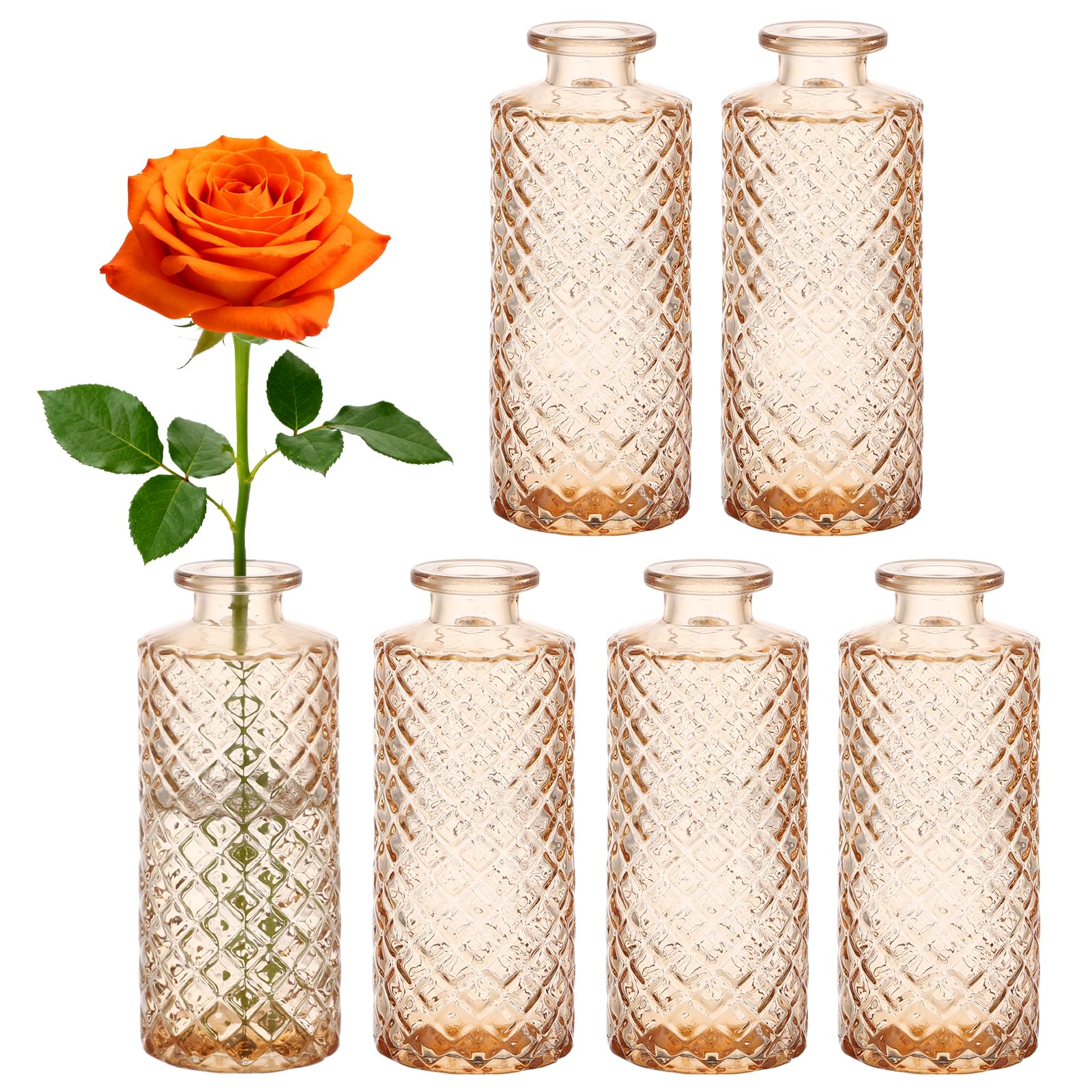 Segus Small Vintage Glass Vase, 6 Pieces Small Vases for Flowers, for Dining Room, Home, Living Room, Bedroom Decoration (Amber)
