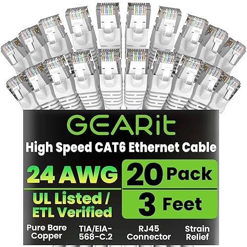 GearIT Cable Ethernet Cat 6 de 3 pies (paquete de 20) - Cable de conexión Cat6, cable de conexión Cat 6, cable Cat6, cable Cat 6, cable Ethernet