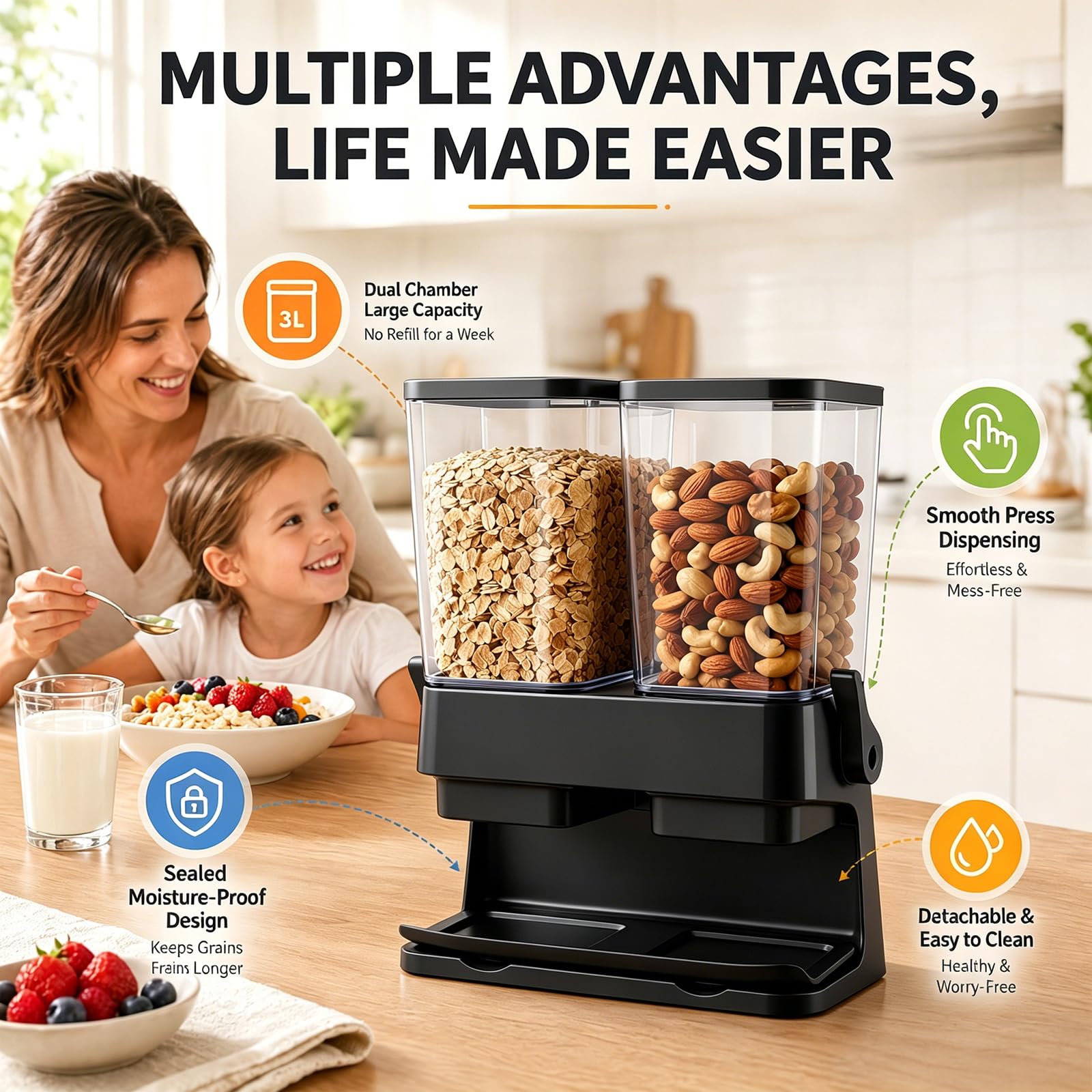 Juego de 2 dispensadores de cereales, recipiente de almacenamiento hermético doble de 3 L para cereales, caja transparente para frutos secos, granos de café y comida seca, recipiente de almacenamiento