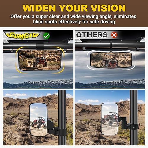 Miniatura 2 de Espejos laterales y espejo central, espejos retrovisores ajustables para barra antivuelco de 1.6-2 pulgadas compatible con Polaris Ranger RZR Can-Am