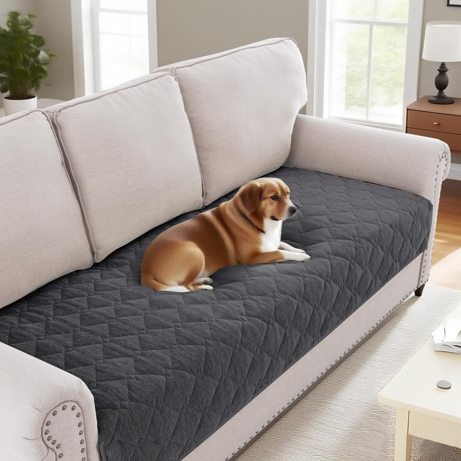 BellaHills Soft Chenille Sofa Cover Pet Fuzzy Sofa Covers for 3 Cushion Couch Anti Slip Sofa Slipcovers with Strap Furniture Protector Cover for Dogs Cats Kids (90 x 210cm, Grey)
