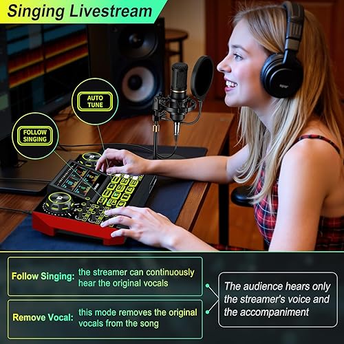 Miniatura 6 de Paquete de micrófono para podcast con mezclador de audio de tarjeta de sonido en vivo, equipo de podcast, tablero de sonido con micrófono de