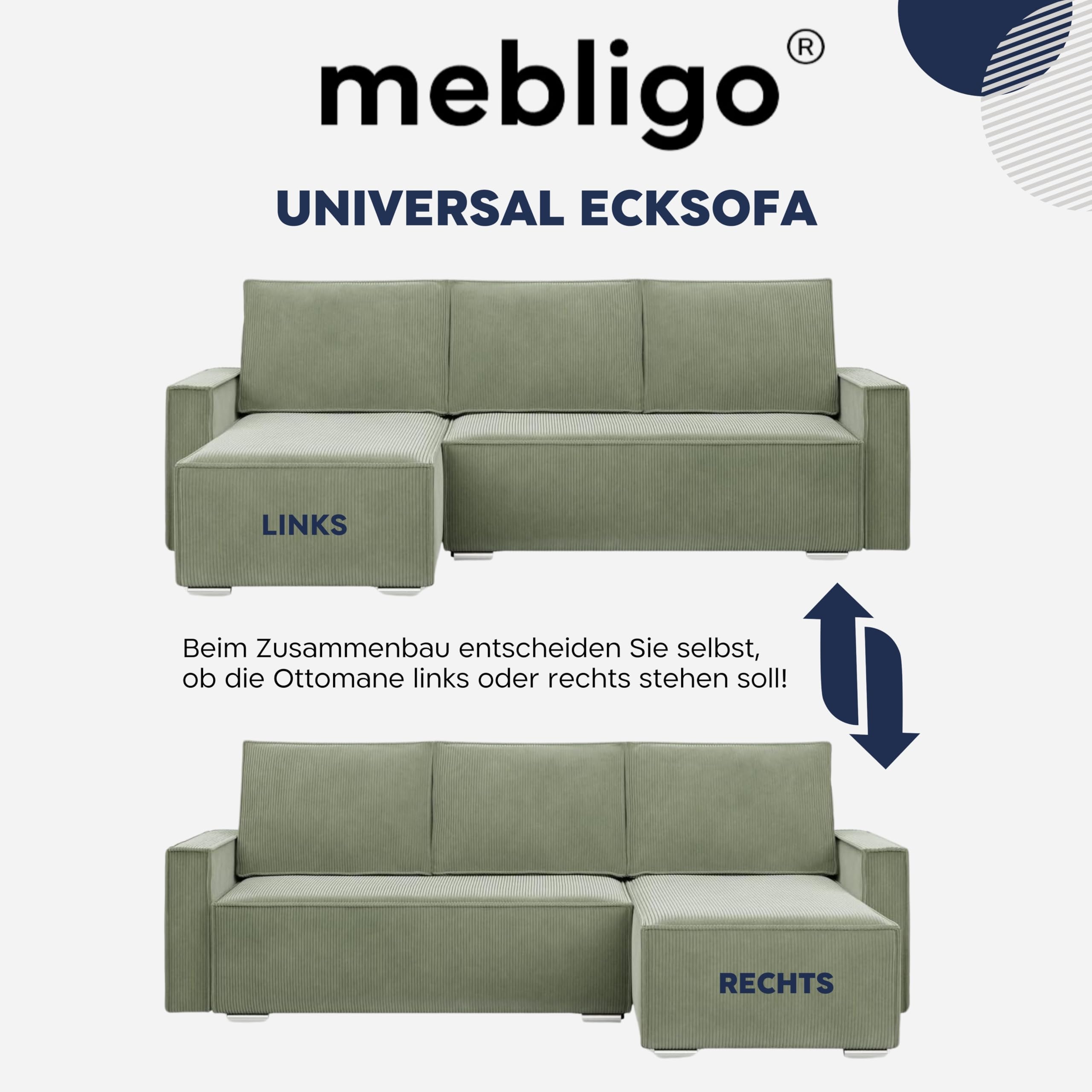 Mebligo Ecksofa mit Schlaffunktion und Bettkasten NOTO, Cord Sofa L Form 231 cm Breit, Eckcouch Cord mit Schlaffunktion, Bonellfederkern, Universal Sofa Hellgrün