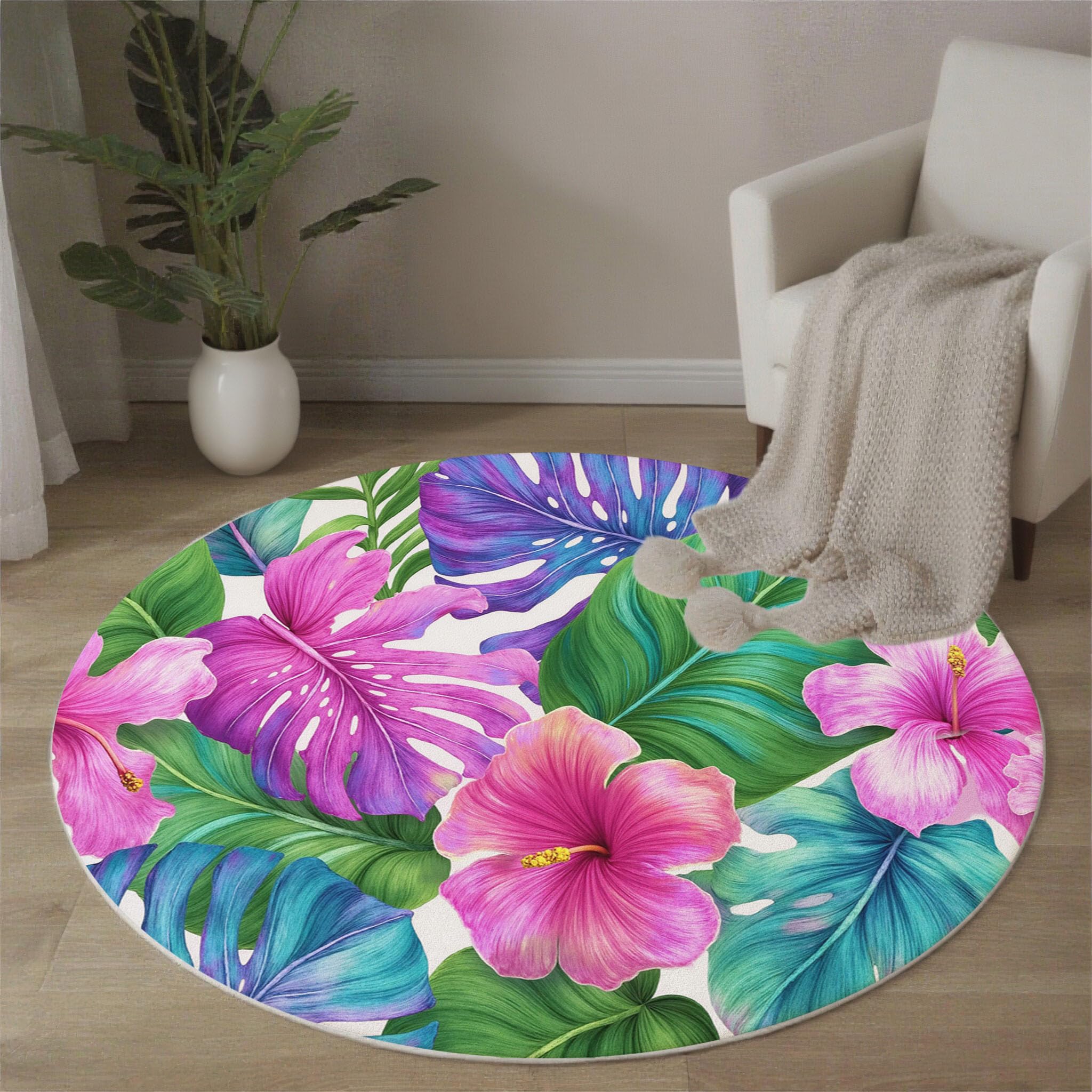 Tapis Rond Doux Fleurs Exotiques À Feuilles 120 Cm Grand, Lavable Machine Tapis Rond À Poils Courts Antidérapant Plantes Tropicales Rose Vert Pour Salons Chambres À Coucher Chambres D'Enfants