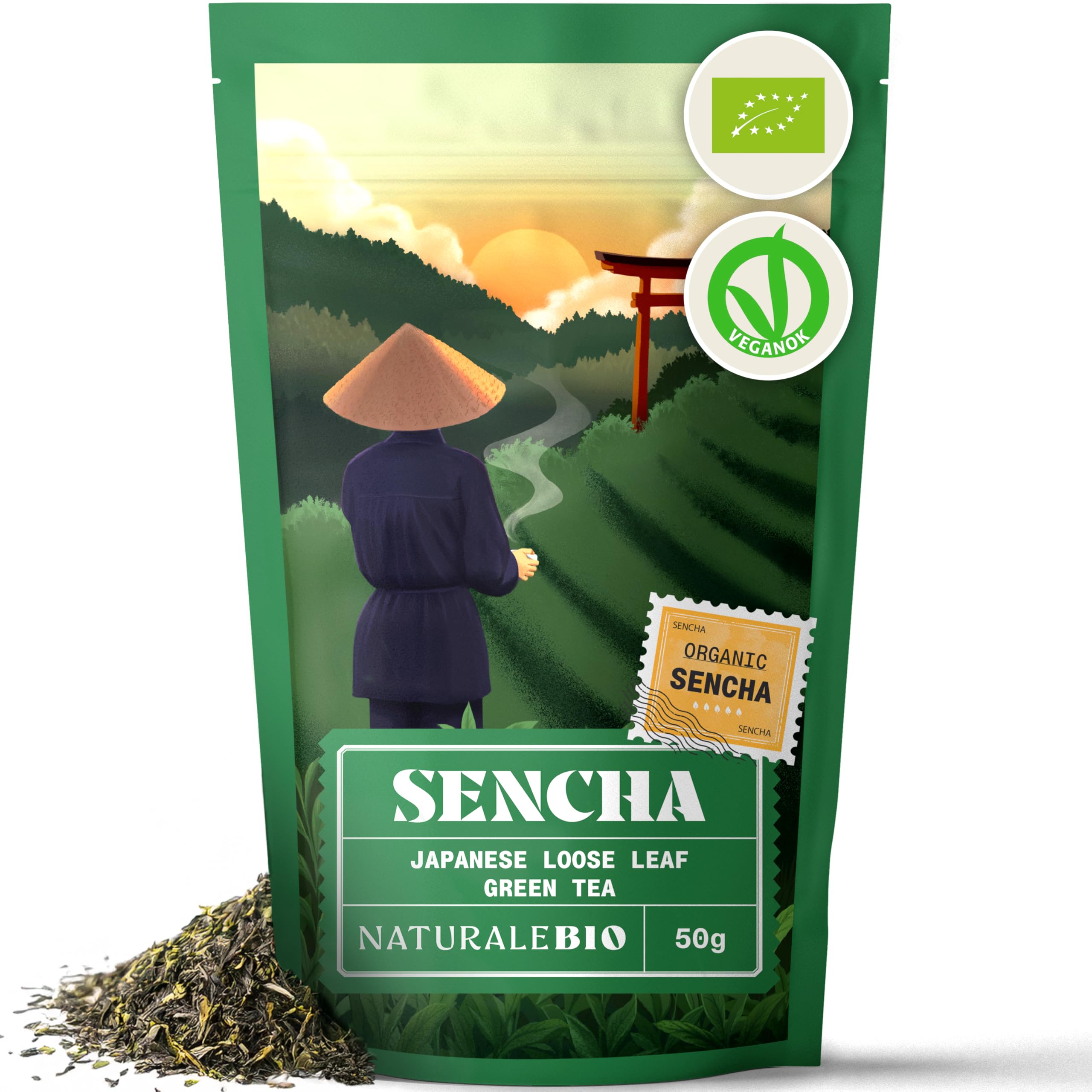 NaturaleBio Organic Japanese Sencha Green Tea - Upper Grade - 50g. Sencha Loose Leaf Tea, 100% Bio, Natural and Pure. First harvest Green Tea Leaves cultivated in Japan.