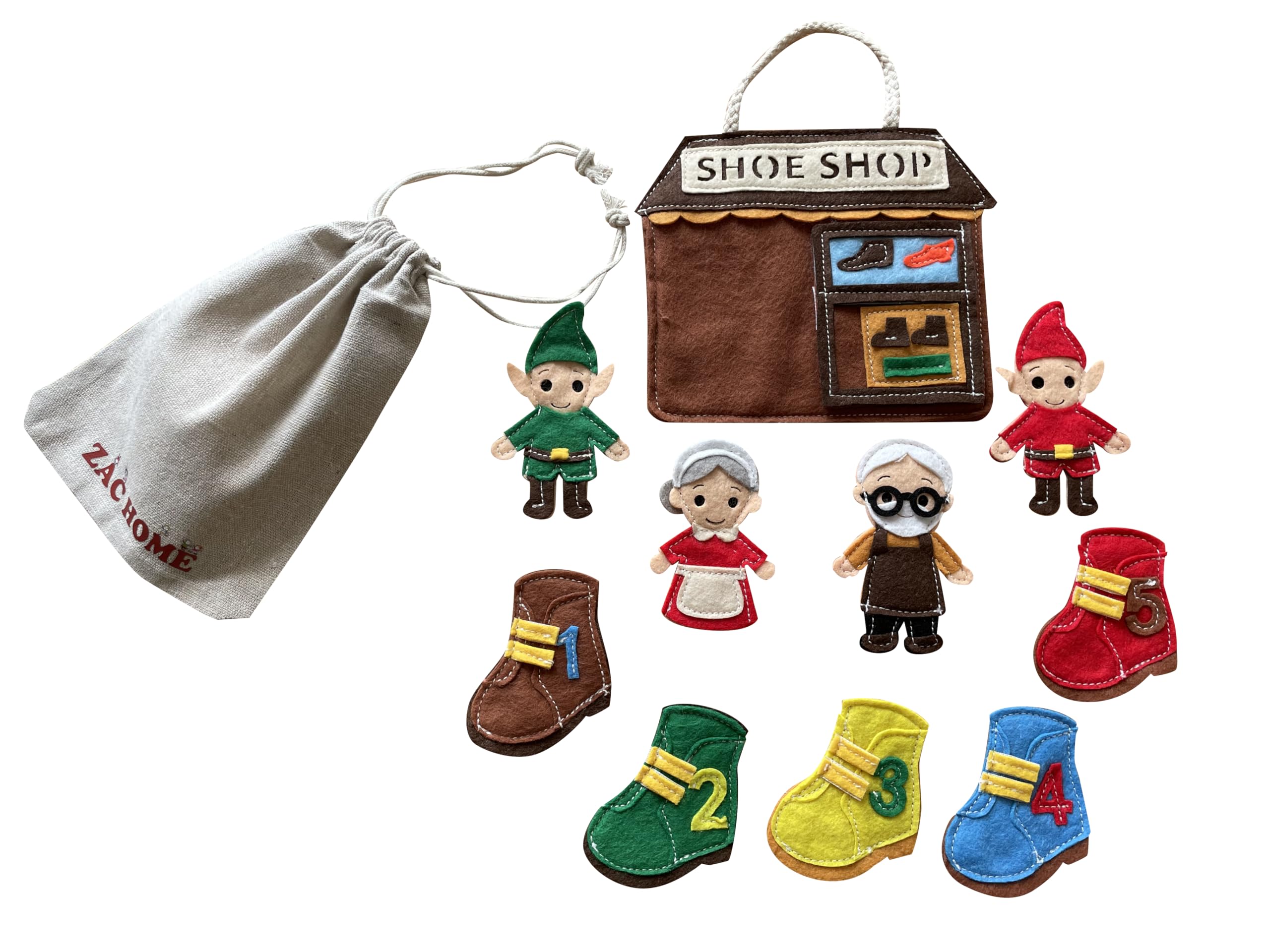 ZAC HOME Elves and the Shoemaker Finger Puppet Set, Classic Fairytale with Shoemaker, Wife, 2 Elves & 5 Numbered Shoes