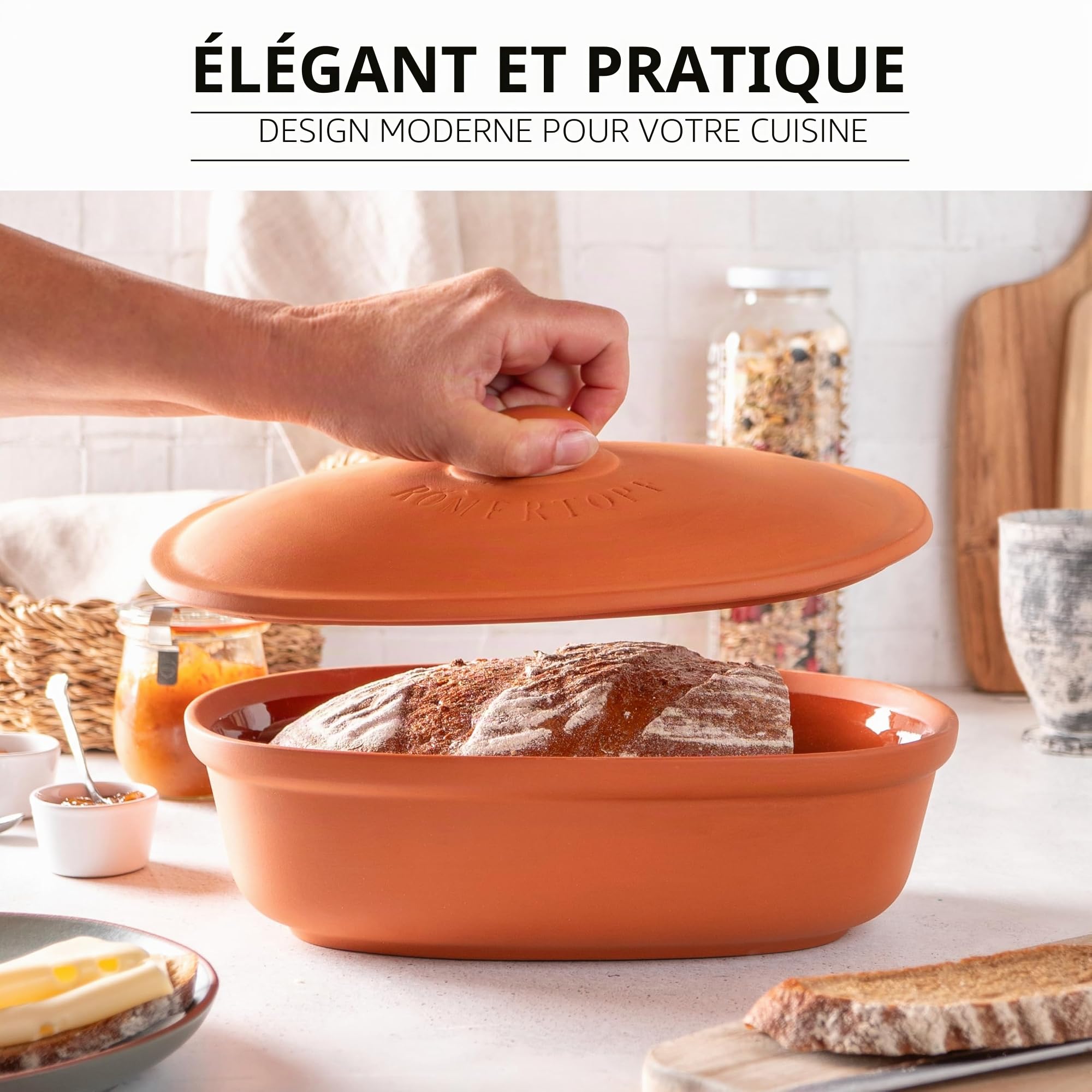 Römertopf Pot à pain ovale en terre cuite naturelle 2 L, système de ventilation et régulation d'humidité, 30 x 21 x 15 cm, terracotta