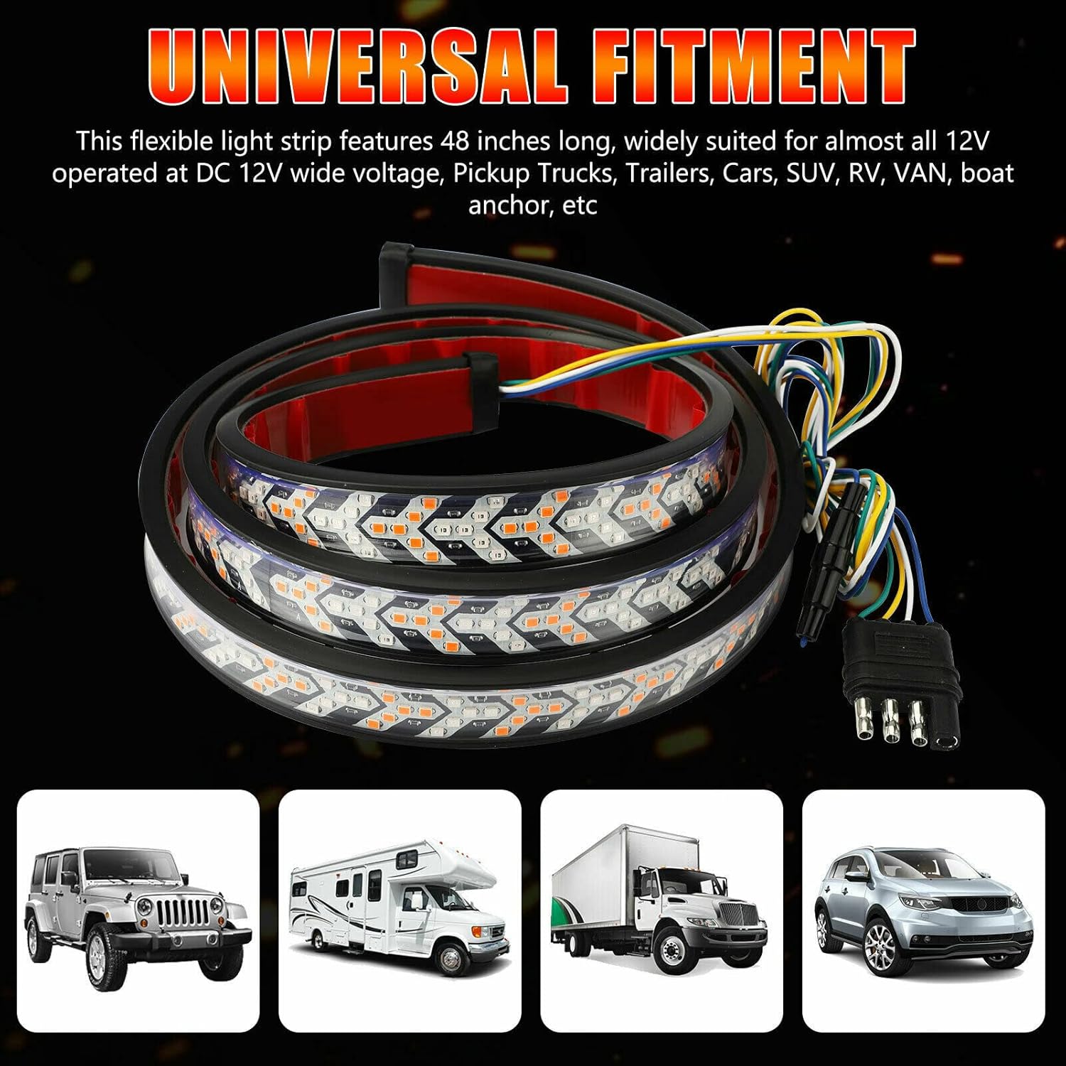 48 Inch Arrow LED Tailgate Light Bar Strip for Pickup Truck, Flowing Amber Sequential Turn Signal Light, RED Strobe Flashing Warning Brake Light Kit