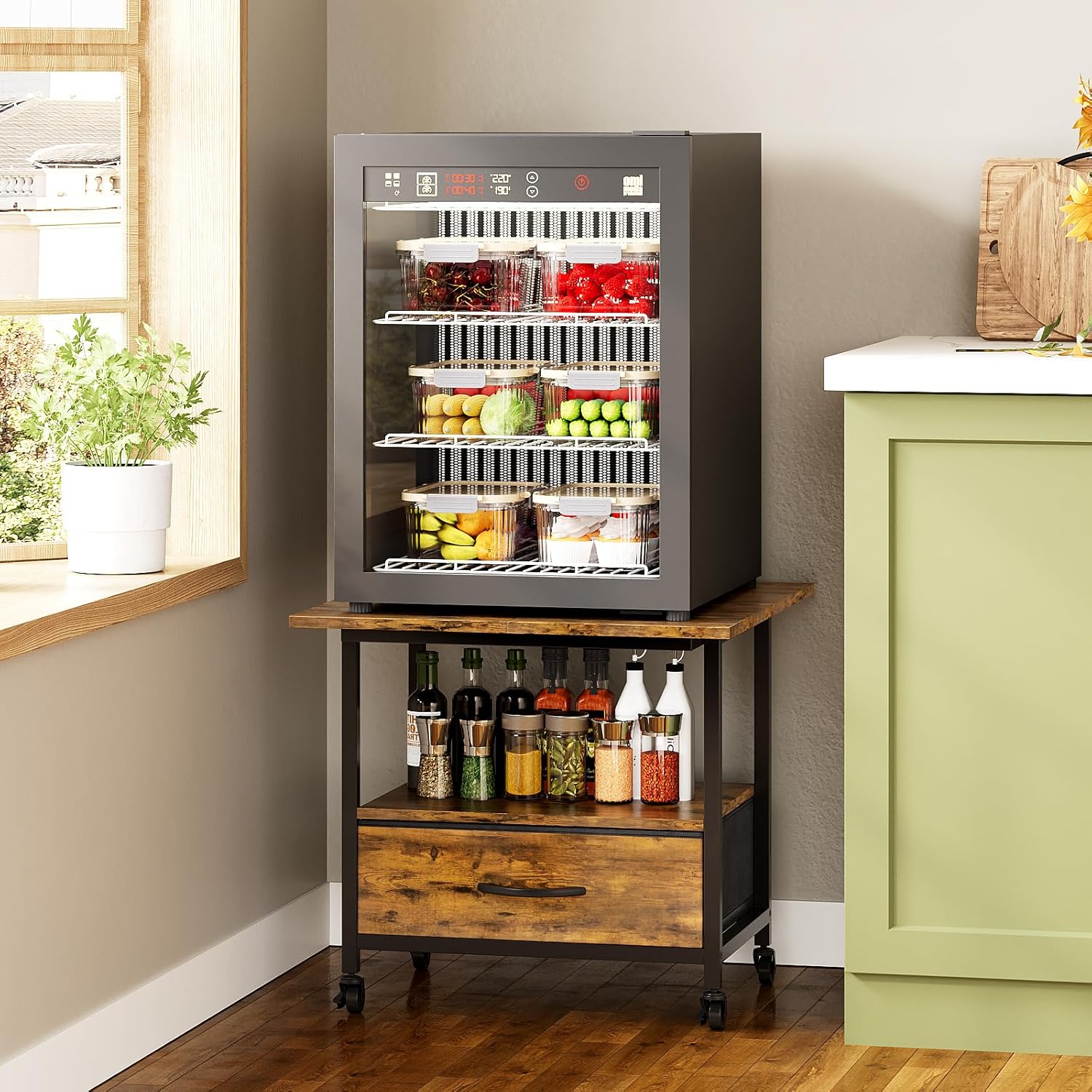 Mini Fridge Stand with Fabric Drawer, 2-Tier 19.6" Heavy Duty Mobile Refrigerator Table Cart with Wheels, Microwave & Printer Shelf for Dorm, Office, Kitchen,Max Load 300 LBS (Brown)