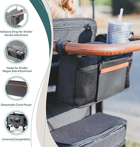 Miniatura 5 de WONDERFOLD Organizador de cochecito de consola para padres con portavasos aislados, cierre de gancho y lazo, 2 bolsillos de almacenamiento y correa