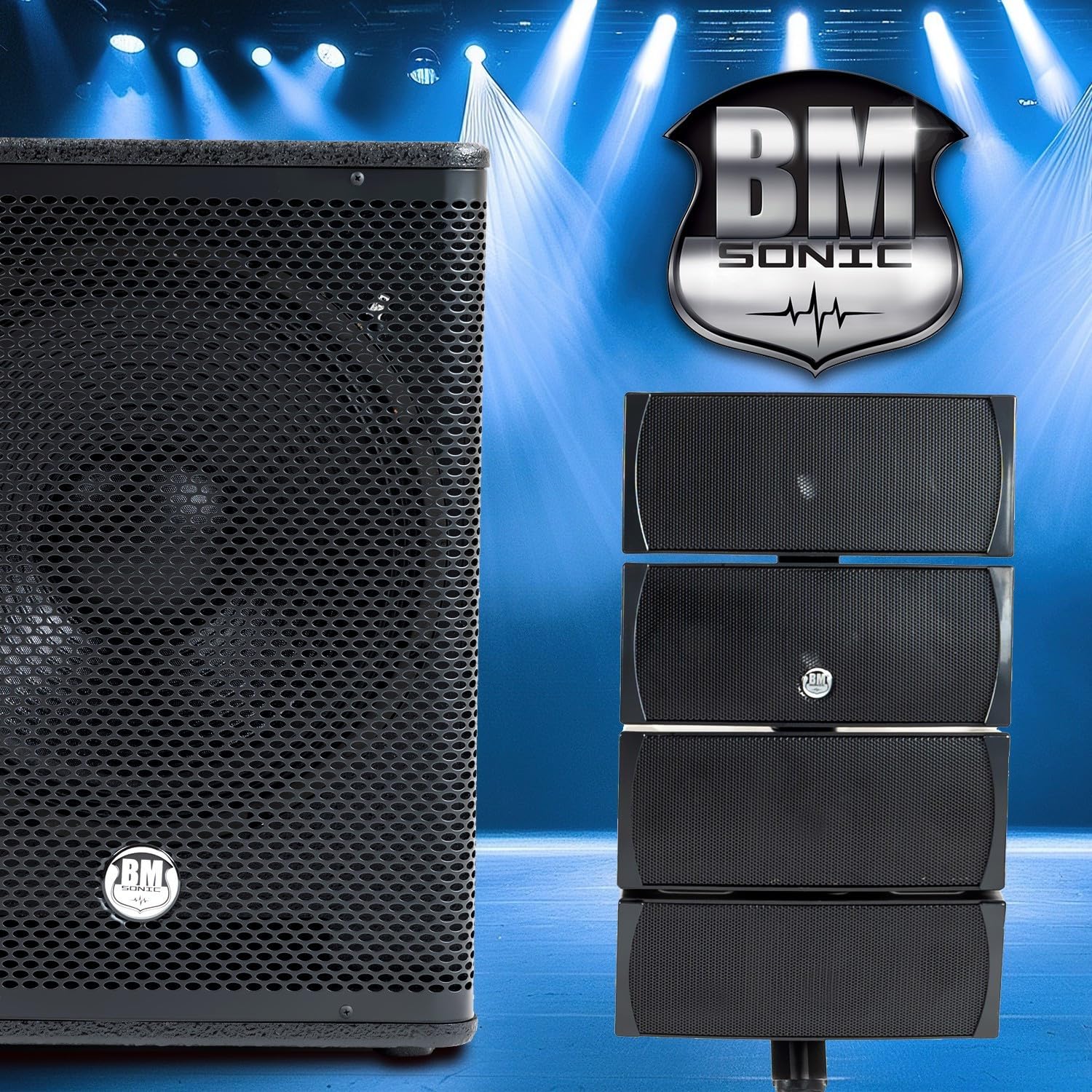 Pack Sonorisation DJ Complet BM Bmsonic BMS-15-ARRAY-BT, 1200W, Enceintes Satellites, Caisson 38cm USB/Bluetooth, Supports Câbles