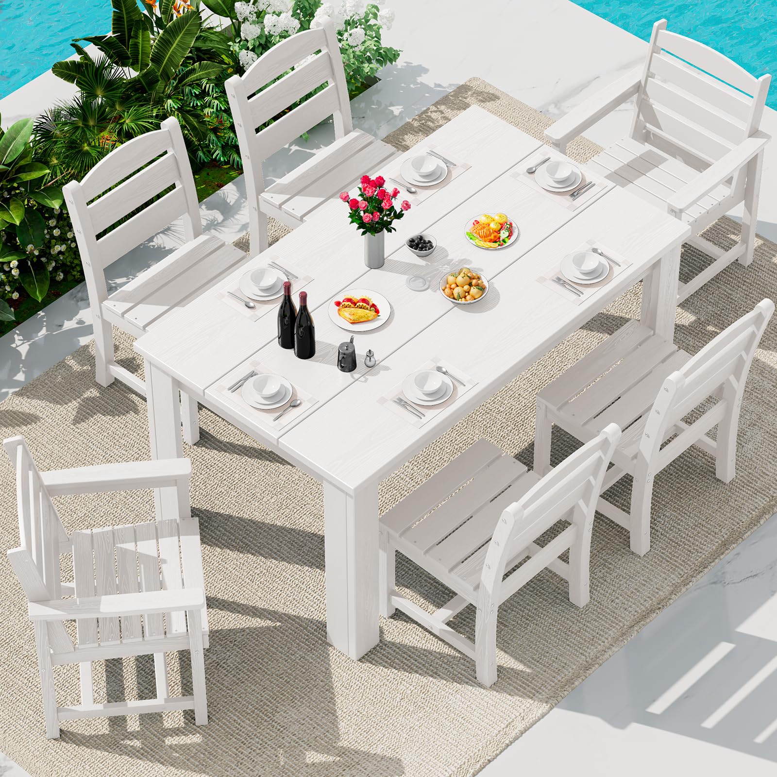 SERWALL 59" Patio Dining Set for 6, w/ 1 Table &amp; 6 Chairs, White