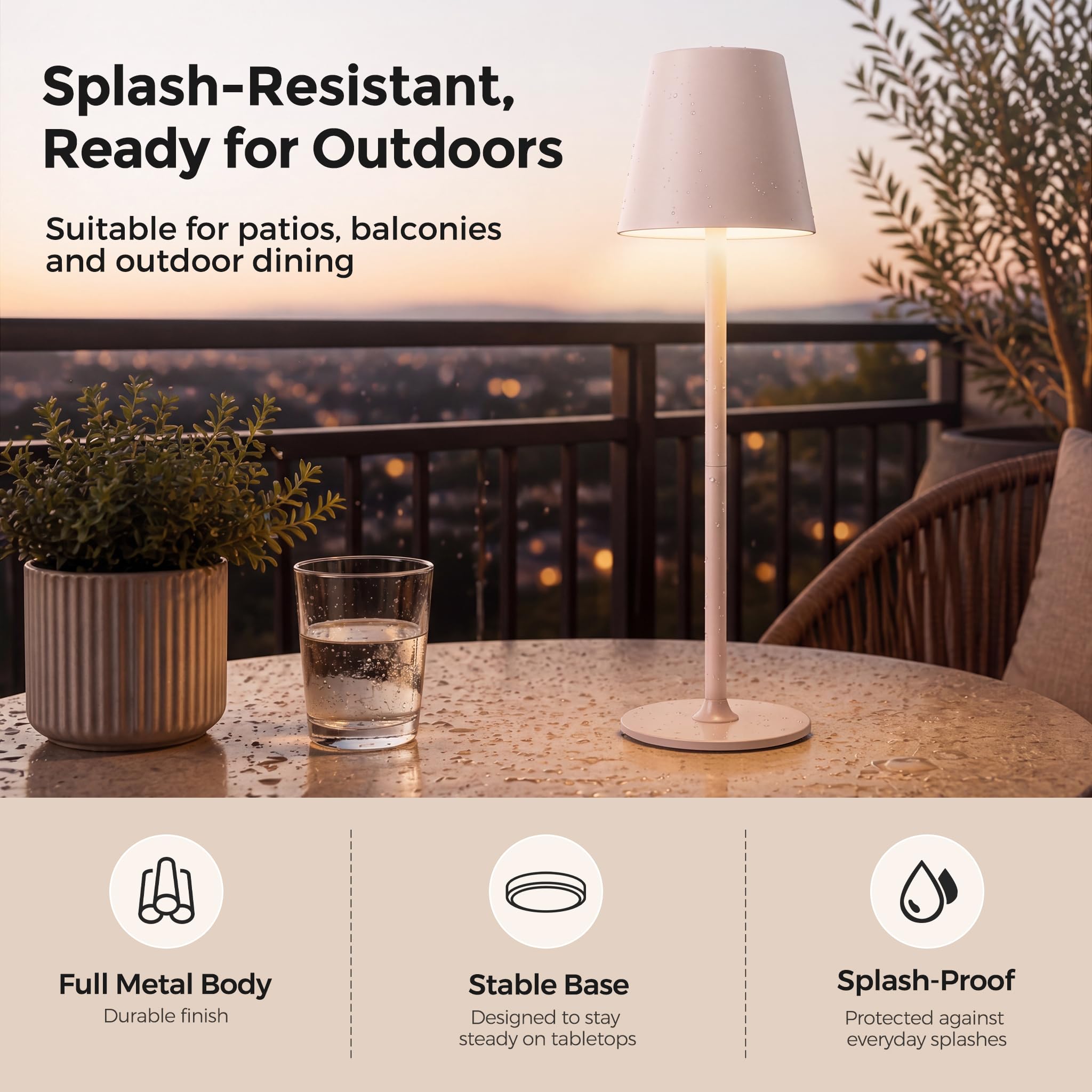 Lámparas de Mesa LED Inalámbrica, Lámpara Recargable de Mesita de Noche y Escritorio para Interior y Exterior – 3 Temperaturas de Color, Regulación Continua, Cuerpo Metálico, IP54, 5300 mAh