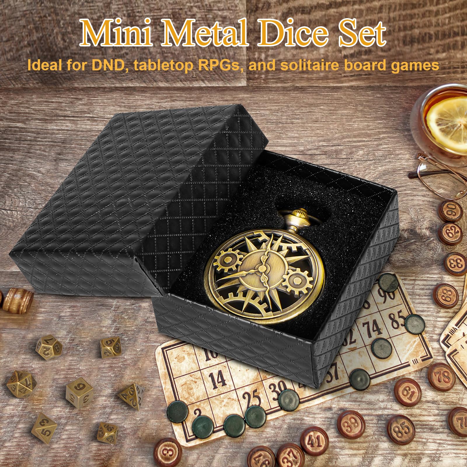 Mini Set De 7 Dés Polyédriques D&D En Métal – Boîtier Montre De Poche Dragon – Donjons Et Dragons – Accessoire RPG