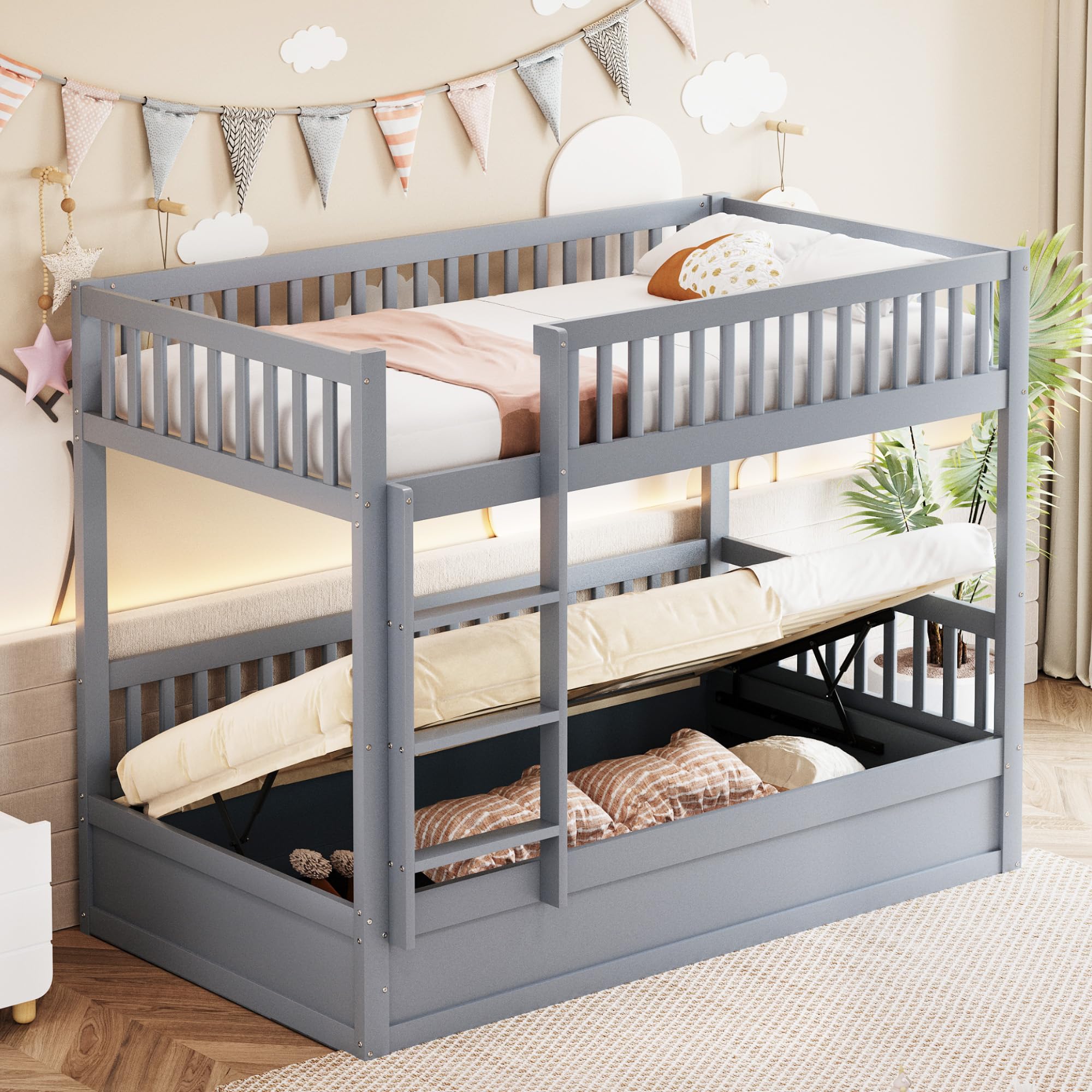Idemon Letto a castello per bambini 90 x 200, letto idraulico in legno massiccio, stabile e durevole, con vano portaoggetti, letto per ragazzi (grigio)