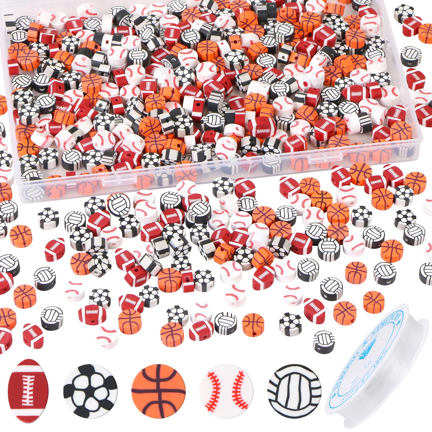 EVERMARKETEVERMARKET 300 Pcs Sports Beads Sports Polymer Clay Beads Bulk,Baseball Football Basketball Volleyball Rugby Beads DIY Crafts Beads for Jewelry Making Key Chains Earring Bracelet Necklace