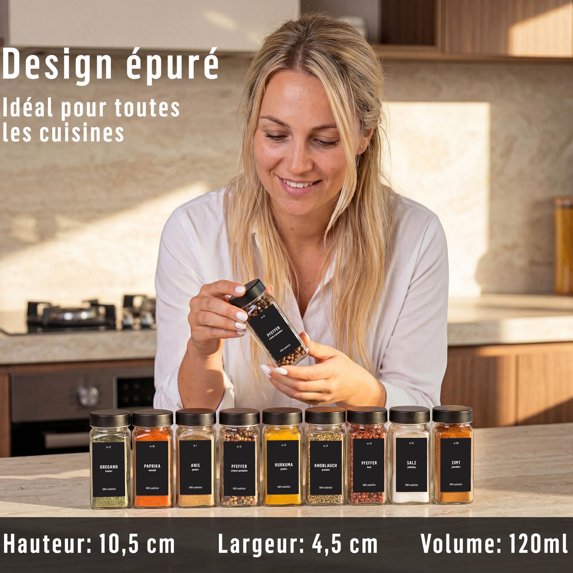 Deco haus® Lot de 36 Bocaux à Épices Carrés Hermétiques [avec Étiquettes & Saupoudreur] - Bocaux en Verre - Pot a Epices en Verre et Bois, Spice Jars - Récipients d'Épices - Pot à Epices