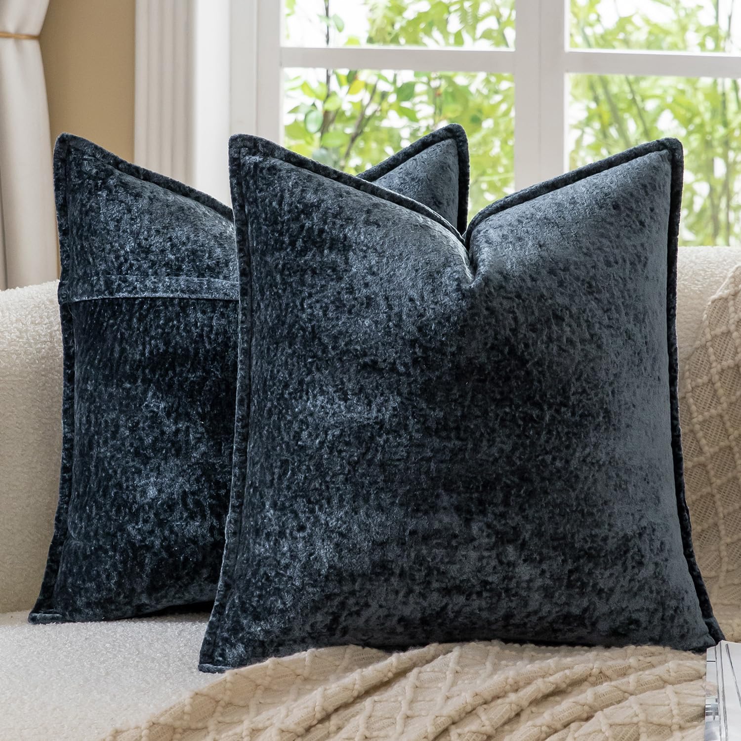 Madizz Decorative Vintage Chenille Cushion Covers Pack of 2 Plaid Couch Pillows Neutral Boho Farmhouse Euro Sham Covers Home Decor for Couch Sofa Bedroom Living Room 60x60 CM, Dark Blue