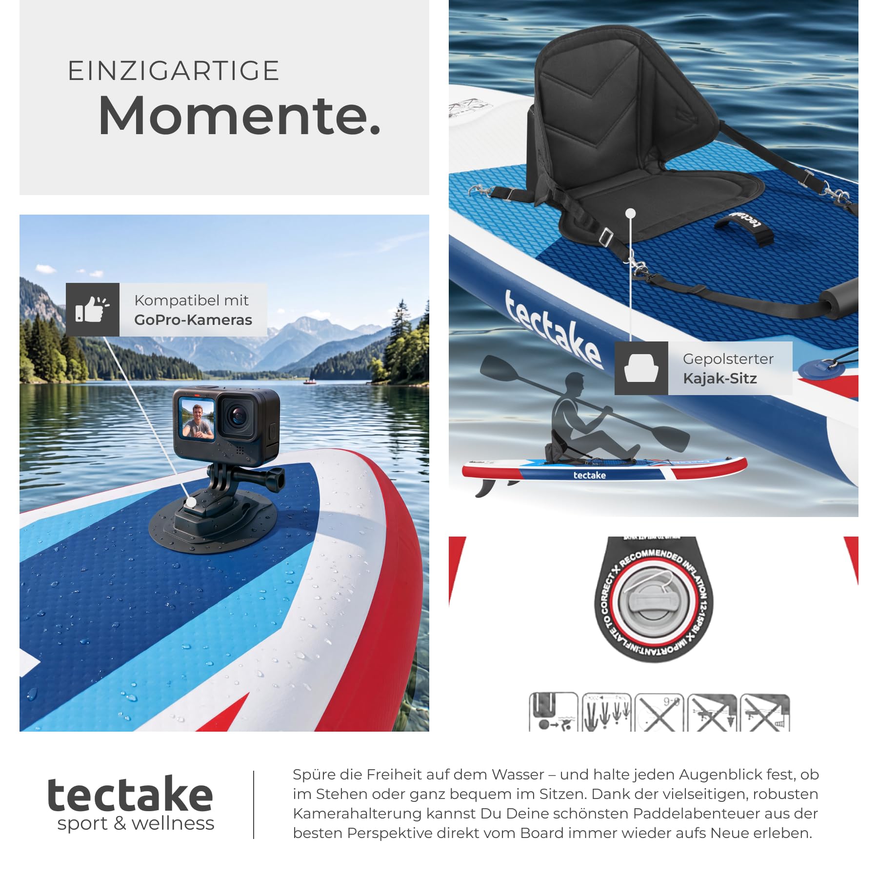 tectake® Stand-Up Paddle Board, 320 cm, aufblasbar, Kajak-Sitz, rutschfest