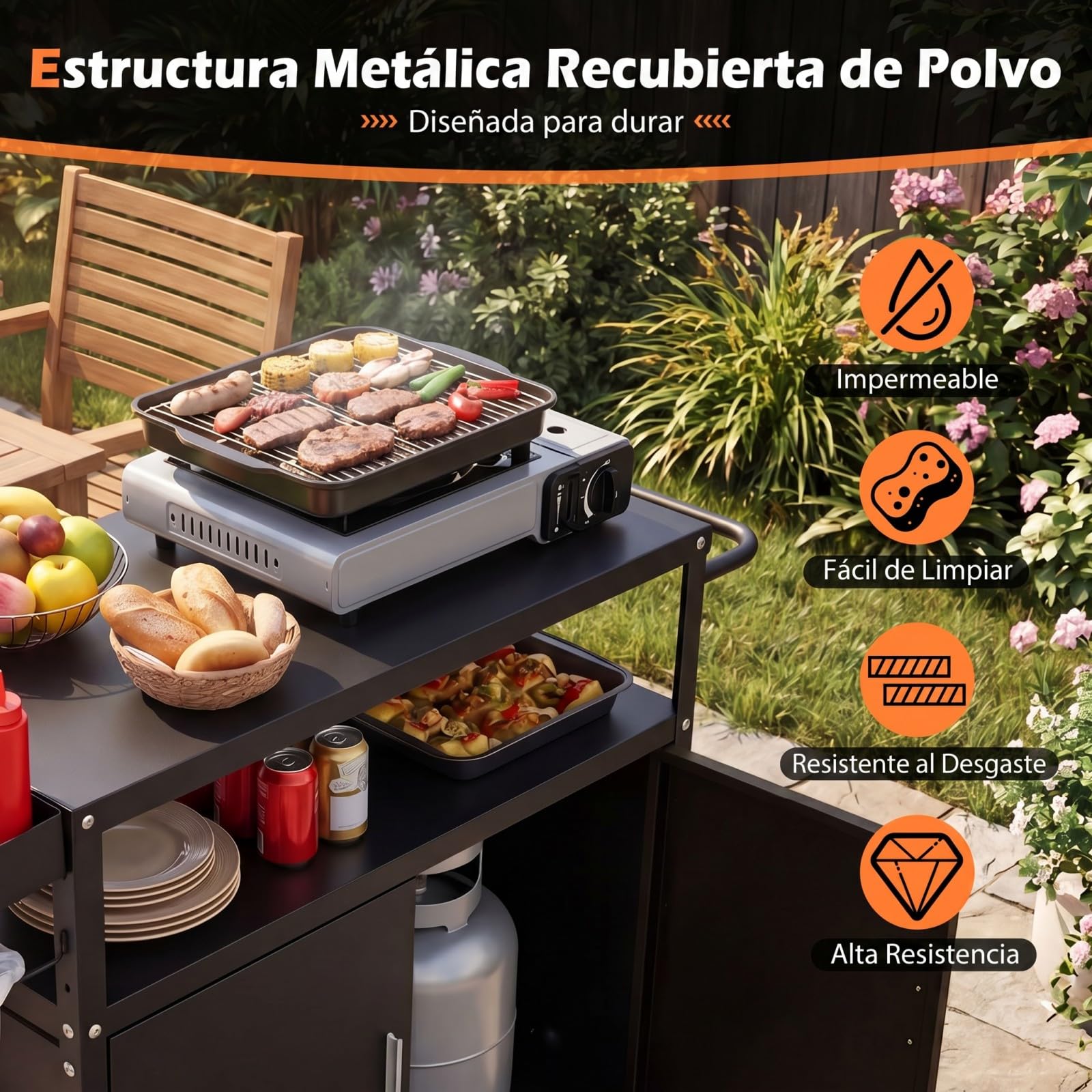 COSTWAY Carrito de Barbacoa con Ruedas, Acero, Armario de 2 Puertas, Estante, 3 Ganchos y Soporte para Bolsas de Basura, Carro de Servicio Cocina Interior y Exterior, 109 x 45 x 89 cm