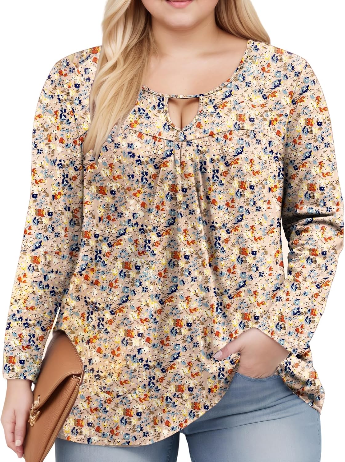 VISLILY Womens-Plus-Size-Dressy-Tops Trendy Keyhole Crewneck T Shirts Casual Long Sleeve Tunics Flowy Pleated Blouses XL-5XL