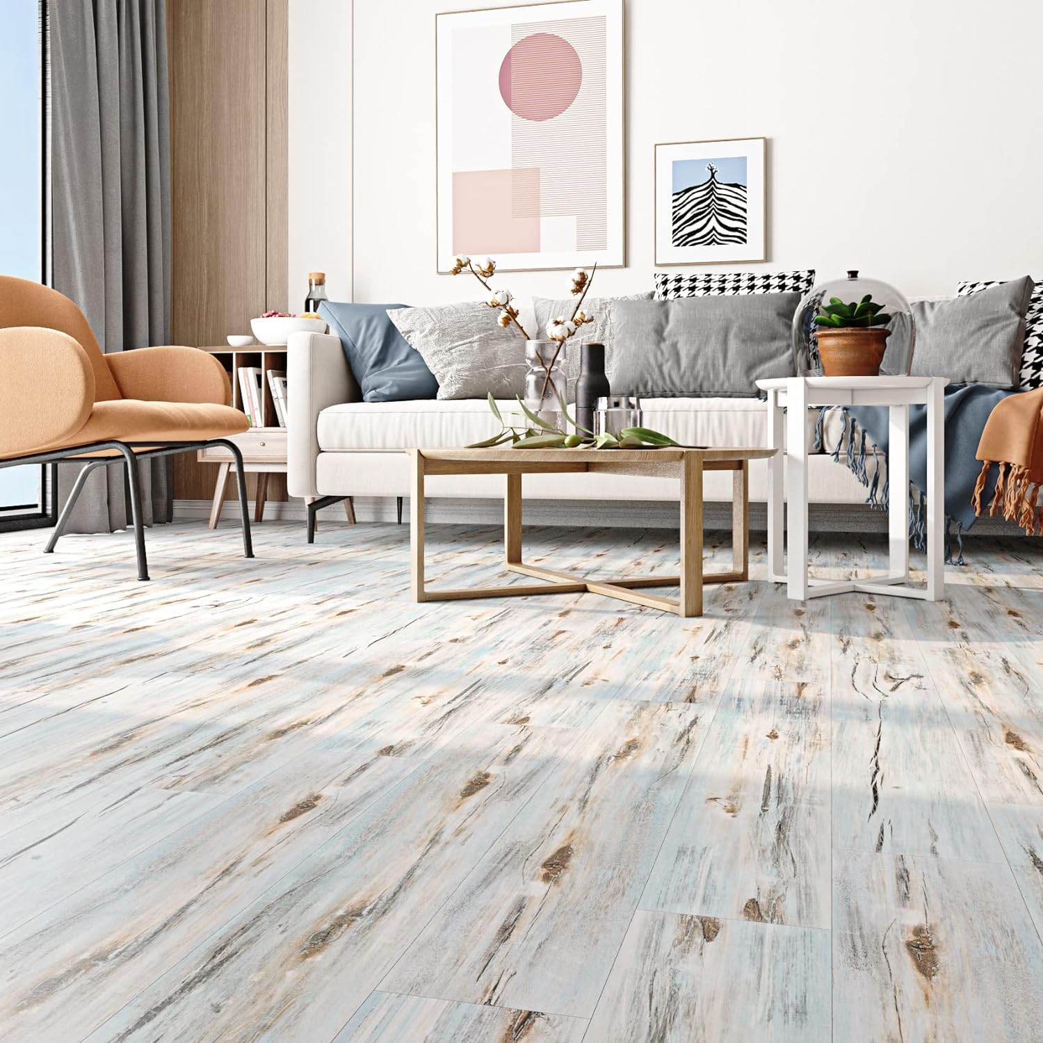 FunStick 90×15CM 30 Dalles PVC Adhesive Sol Effet Bois Bleu Stickers Carrelage Sols Chambre Parquet Stratifié Lino Sol Adhesif Bois Bleu Revetement de Sols PVC Étanche Vinyle Adhesif Salon Garage