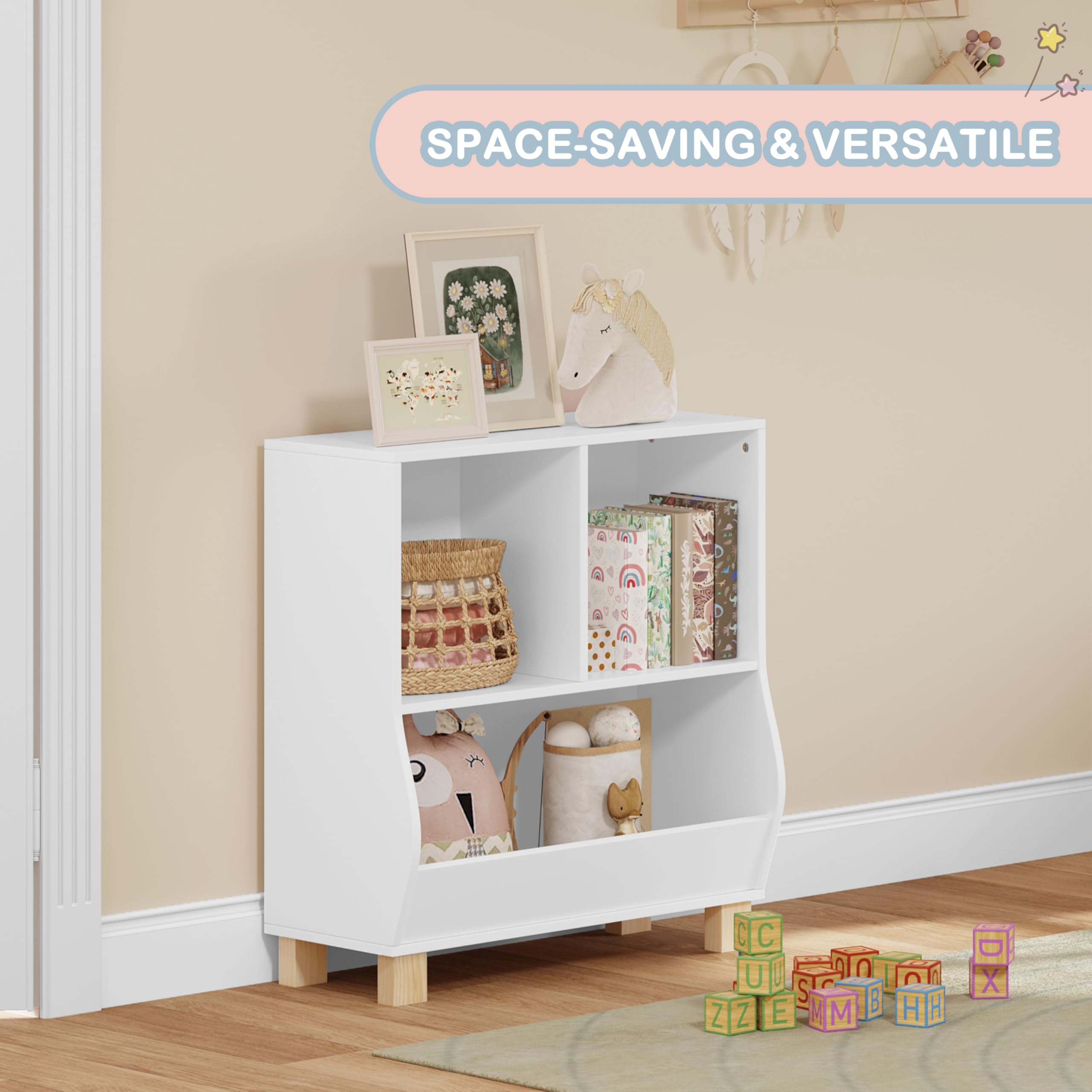 Lestarain Bücherregal Kinder, Regal weiß mit 3 Fächern, Montessori Kinderregal, Spielzeugregal mit Holzbeinen, Standregal für Bücher Spielzeug Kinderzimmer, 71,5x77x34,5 cm