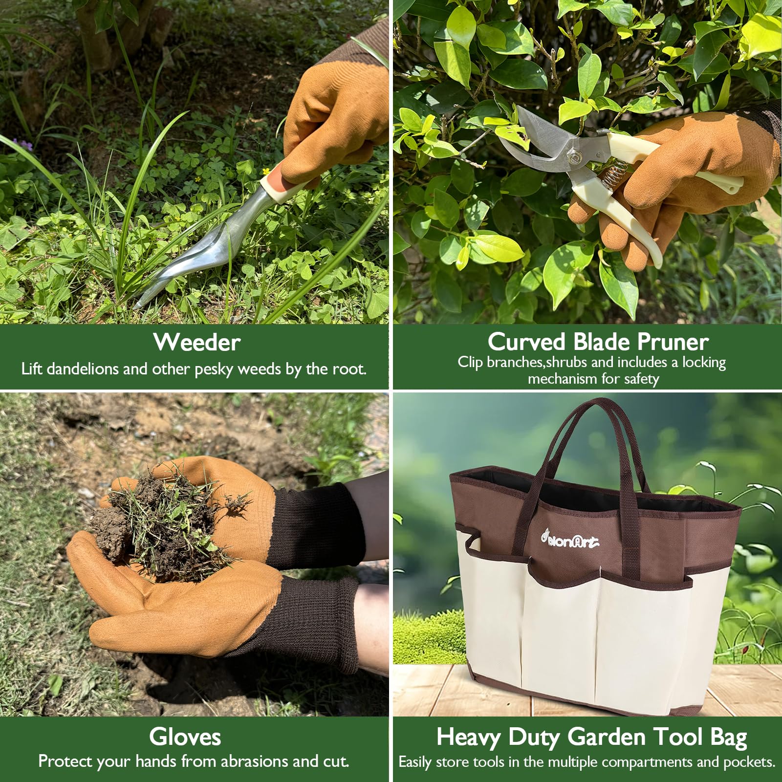 ABRFC - Set di attrezzi da giardino, 11 pezzi, in lega di alluminio e acciaio, kit regalo con borsa da giardino, attrezzi da giardinaggio resistenti, regalo per donne e uomini (marrone)