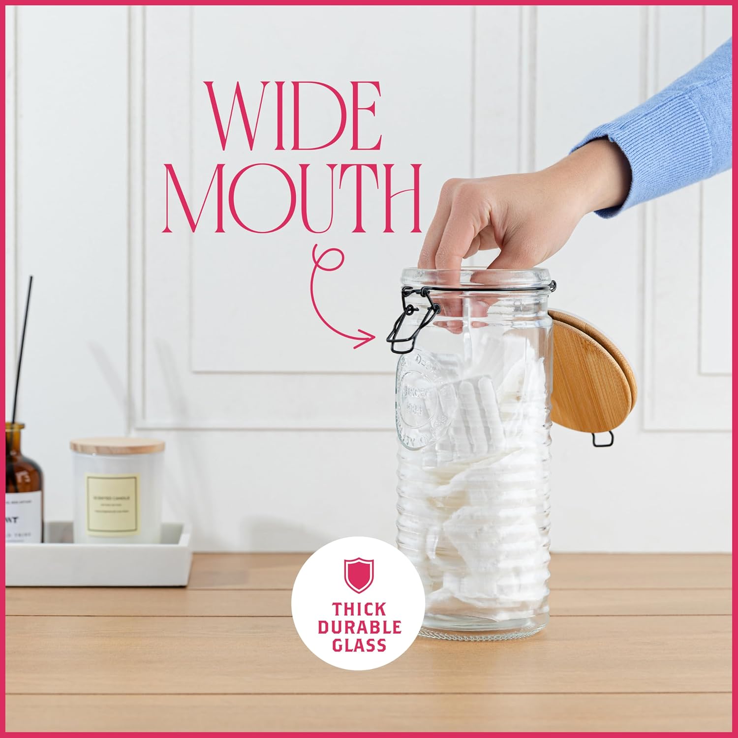 kitchentoolz Glass Storage Canister with Airtight Clasp Lids - Set of 3 Mason Jar Storage Containers for Cereal, Coffee & Rice - 56 Ounce Pantry Organizing Canister Set - Image 5