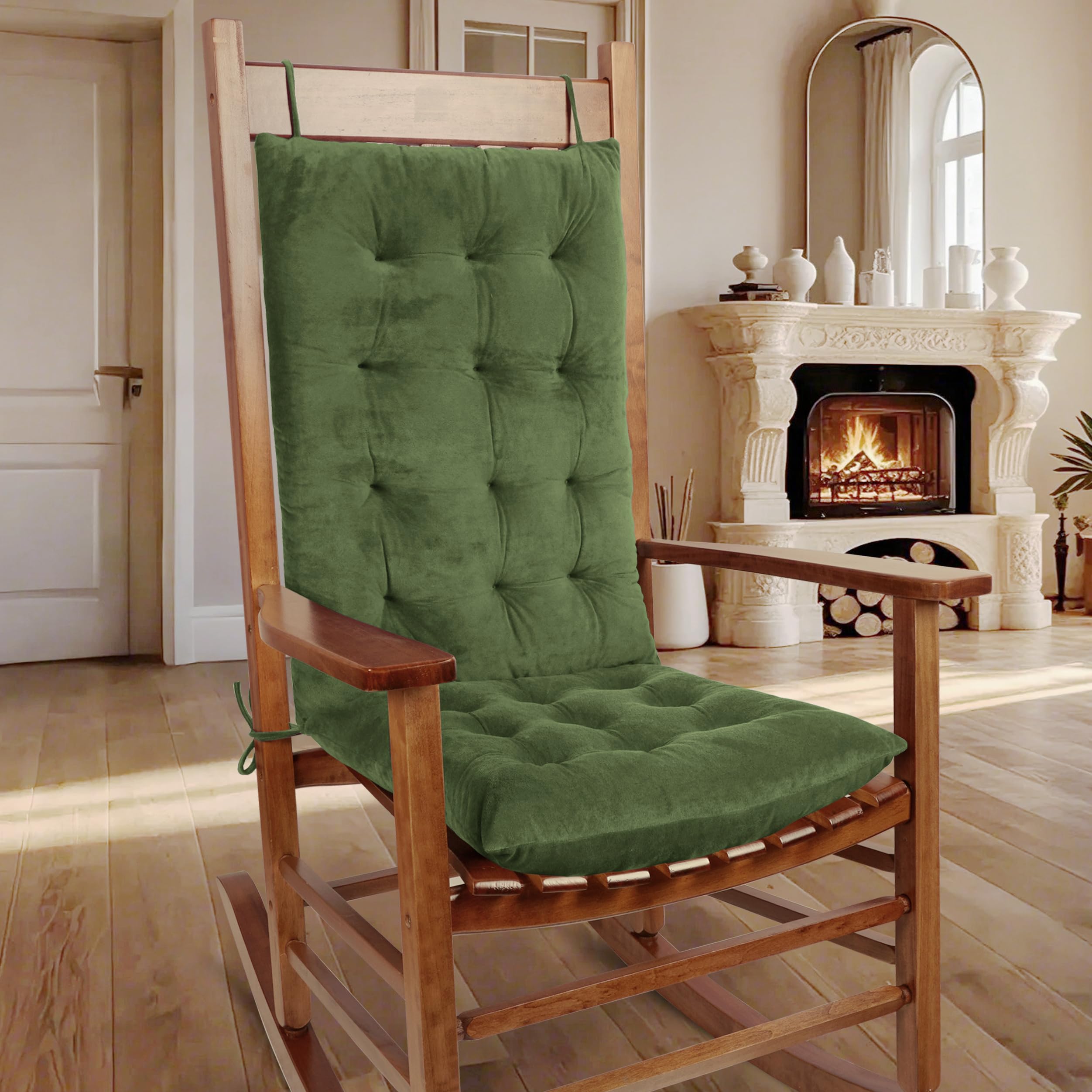 OVOV Thick Rocking Chair Cushion Warm Tufted Rocking Chair Pads Set of 2 with Ties High Back and Seat Cushion Suitable for Indoor Green