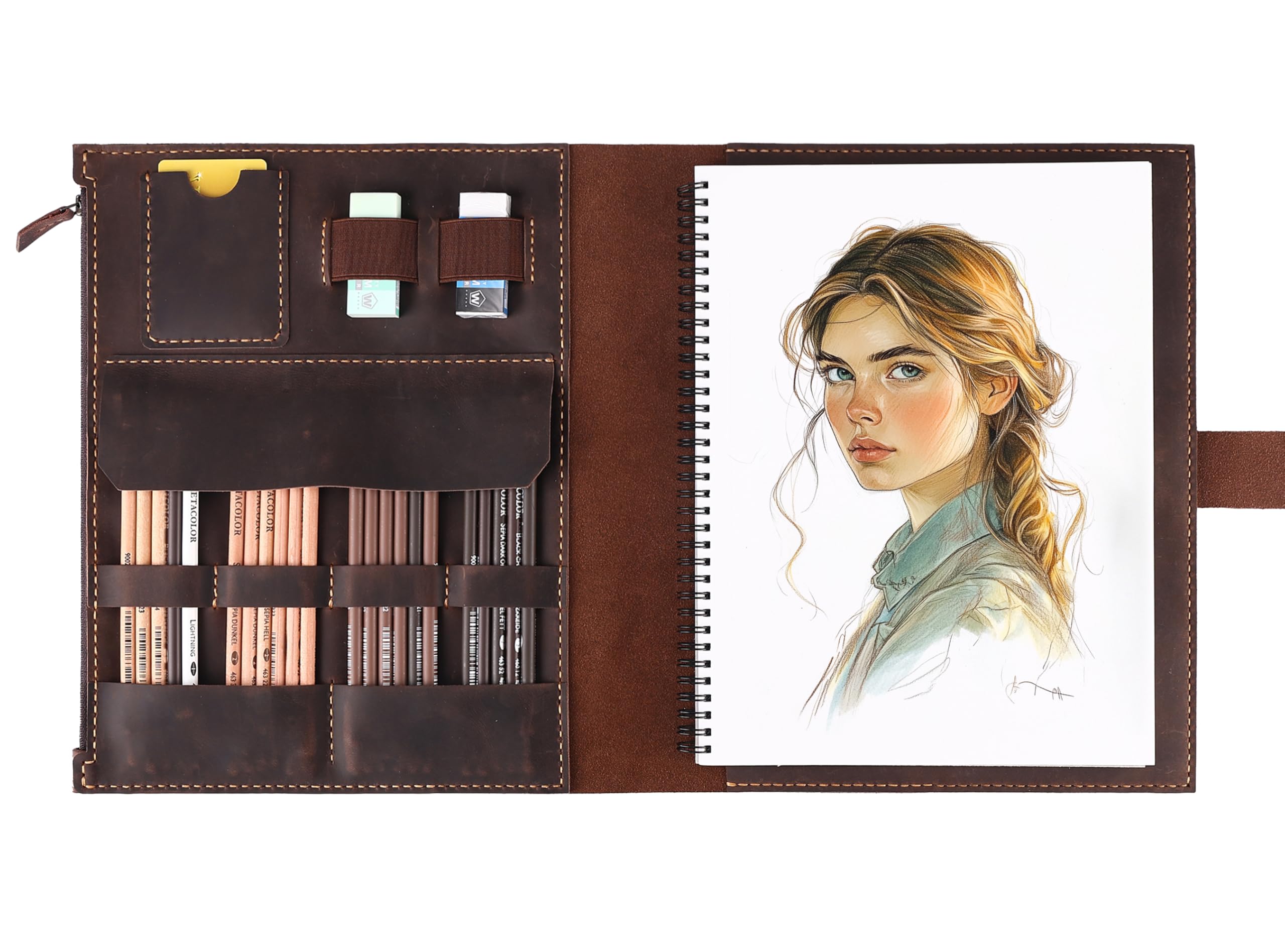Fasjosma Housse de carnet de croquis en cuir pour carnet de croquis A4/22,9 x 30,5 cm – Fait à la main en cuir véritable avec porte-crayon et poche zippée, fournitures de dessin professionnels (marron