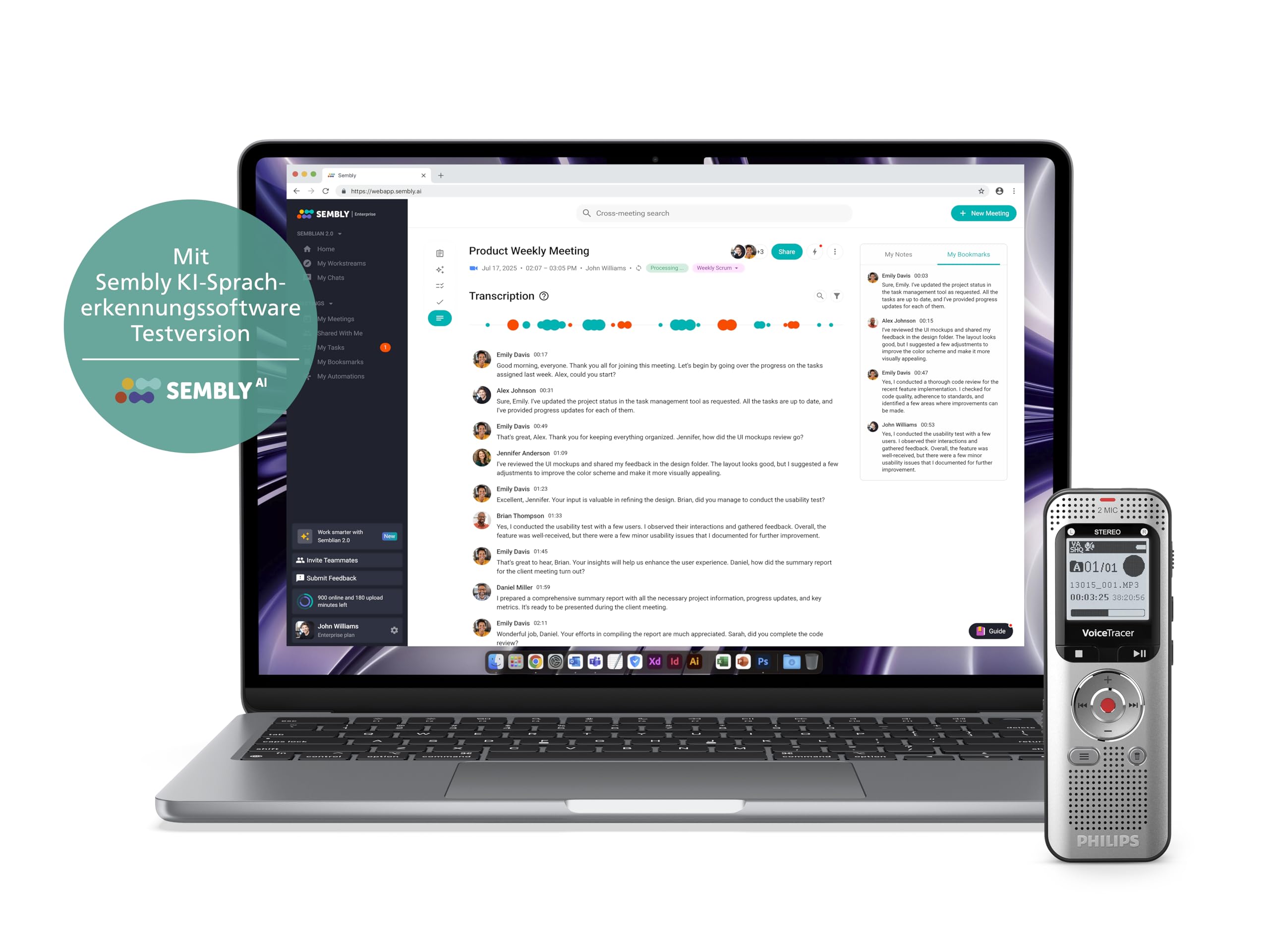 Philips DVT2015 VoiceTracer, Diktiergerät, Aufnahmegerät, MP3, HiFi Stereo, inkl. Sembly AI-Testlizenz: Transkription & KI-Zusammenfassungen