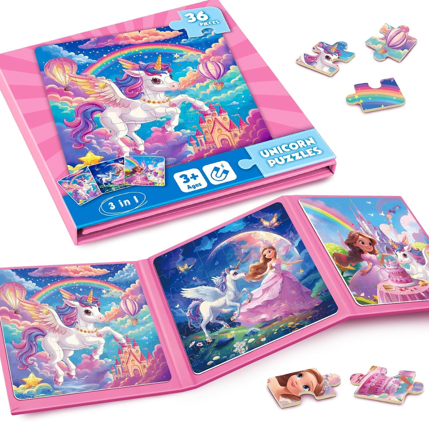 Unicorno Puzzle Magnetico Per Bambini,36pcs Puzzle Di Viaggio Per I Bambini Di Età 3-8,Ragazze Puzzle Bambini L'Intelligenza,Puzzle Per Bambini,Attività Aeroplaniche Per I Regali Di Compleanno