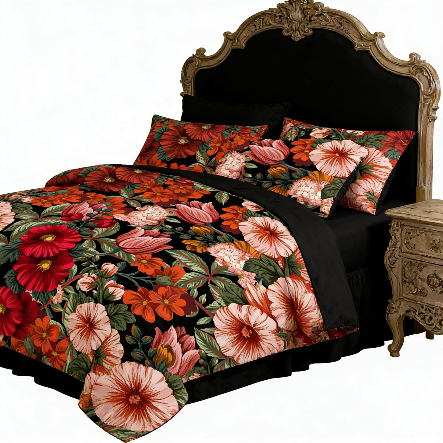 CCoutueChen Black Floral Comforter Set King Size, 3 Pcs Vintage Floral Bedding Set for Women, American Retro Microfiber Lightweight Comforter with 2 Pillowcases/104 x90, Black Red