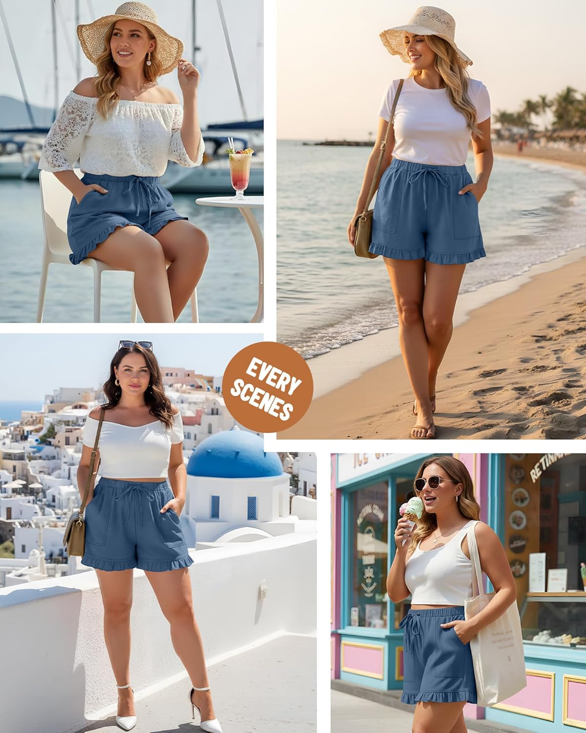 Plus Size Linen Shorts for Curvy Women Wide Leg Elastic Drawstring Shorts Casual Loose Summer Pants with Pockets - Image 3