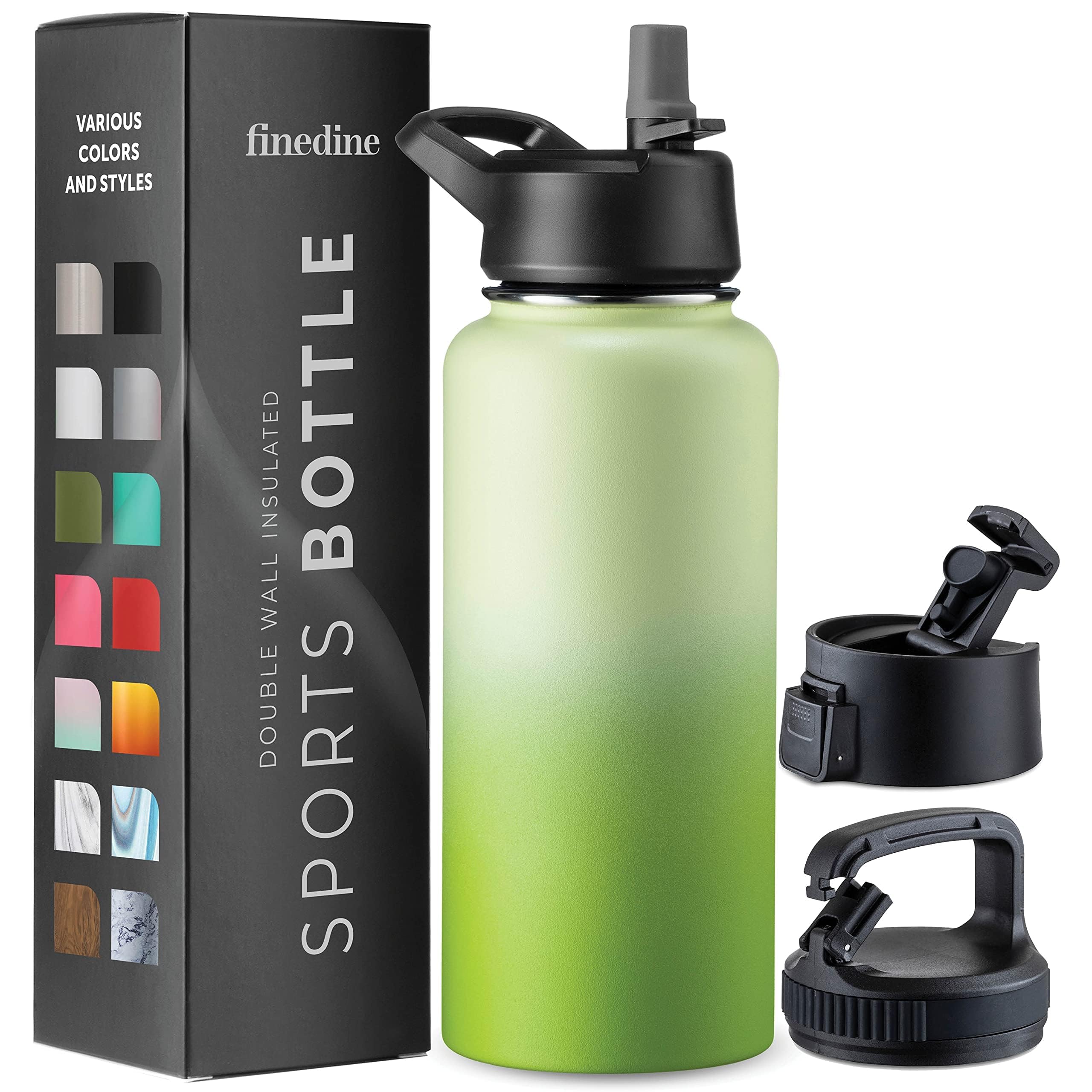 Triple Walled, Insulated Water Bottles with Straw Lid/Flip Top Lid/Wide Mouth Cap - Stainless Steel Metal Bottle for Travel, School, Sports, Gym (Dreamy Green, 950 ml)