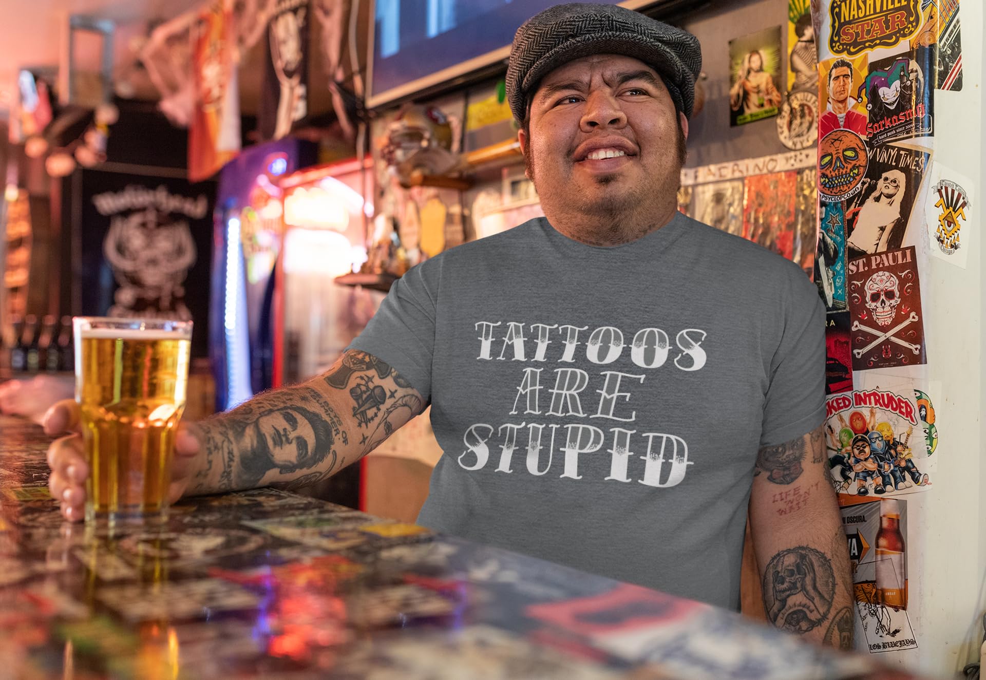 shop4ever® Tattoos are Stupid Sarcástico Humor Camiseta, Jaspeado Oscuro, XL