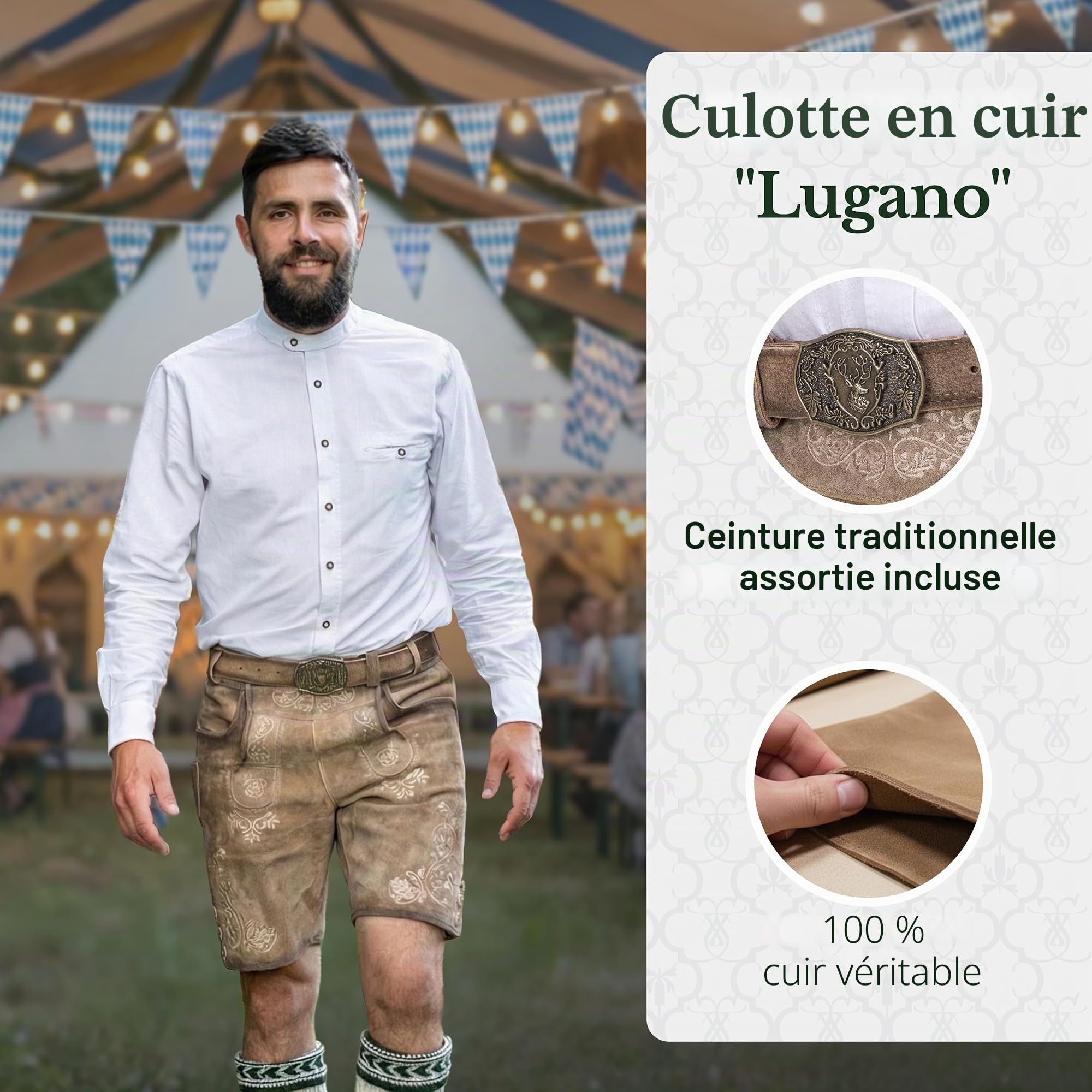 Schöneberger Trachten Couture Lugano Pantalon court en cuir pour homme avec ceinture traditionnelle vintage pour fête de la bière en nubuck